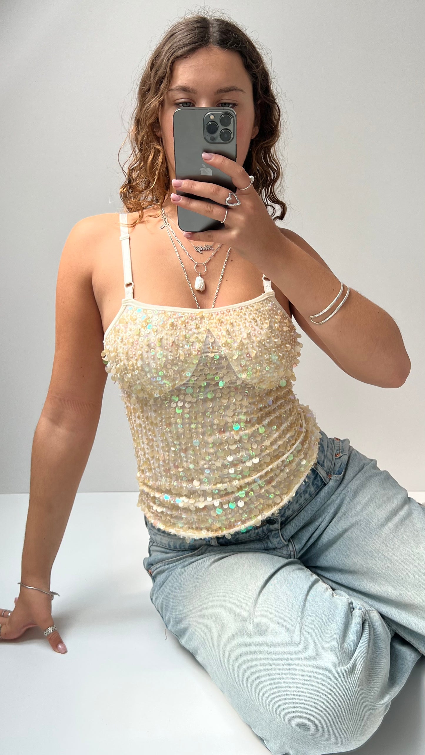 00s cream sequin beaded cami- size S