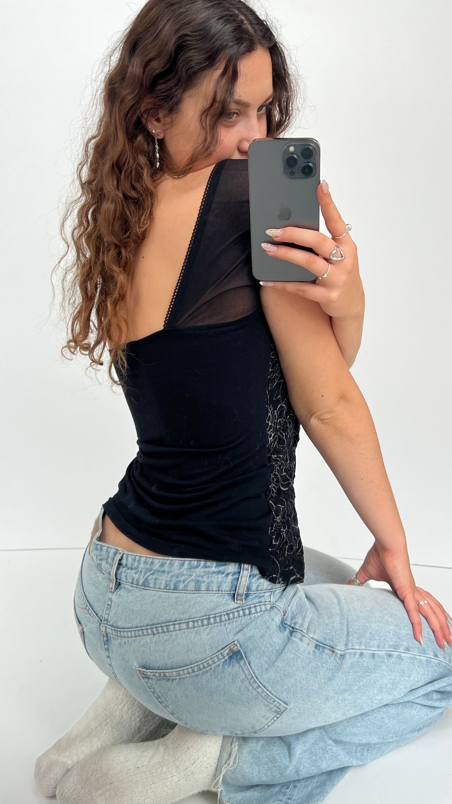 00s black lace milkmaid top- size XL