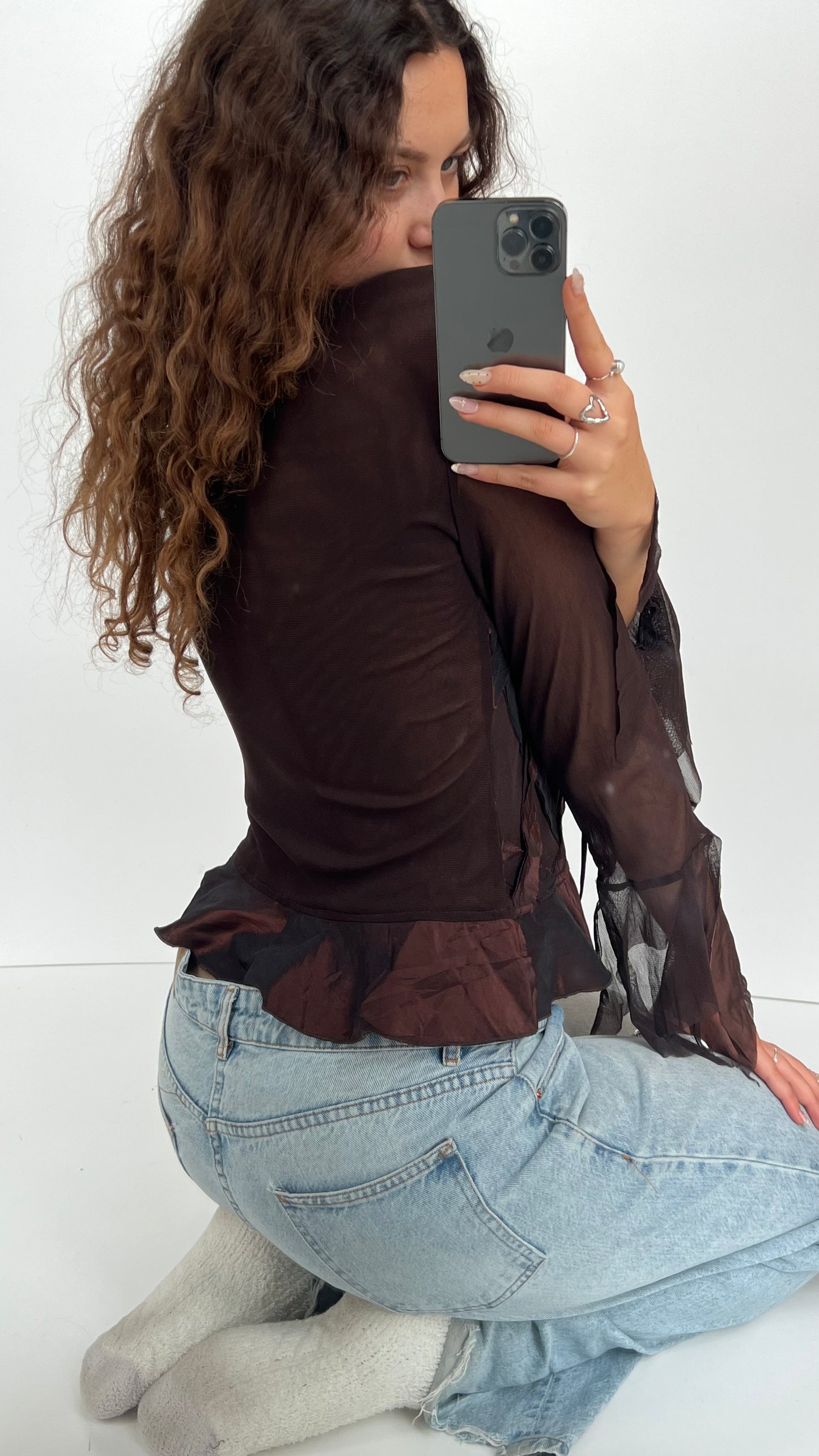 00s brown mesh ruffle shirt- size M