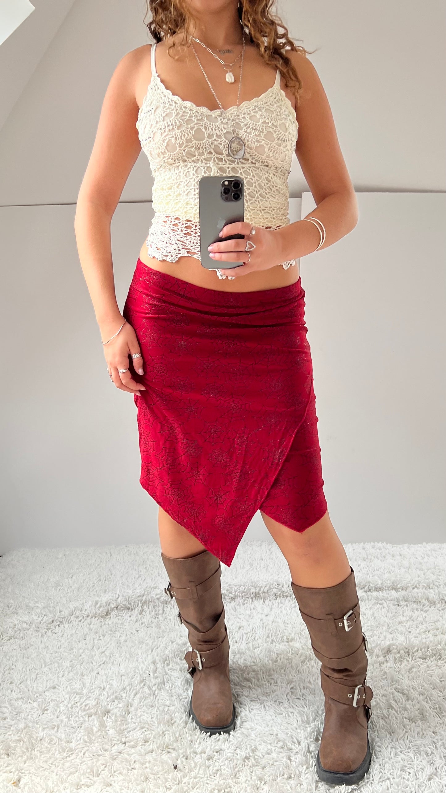 00s red glitter web midi skirt- size M