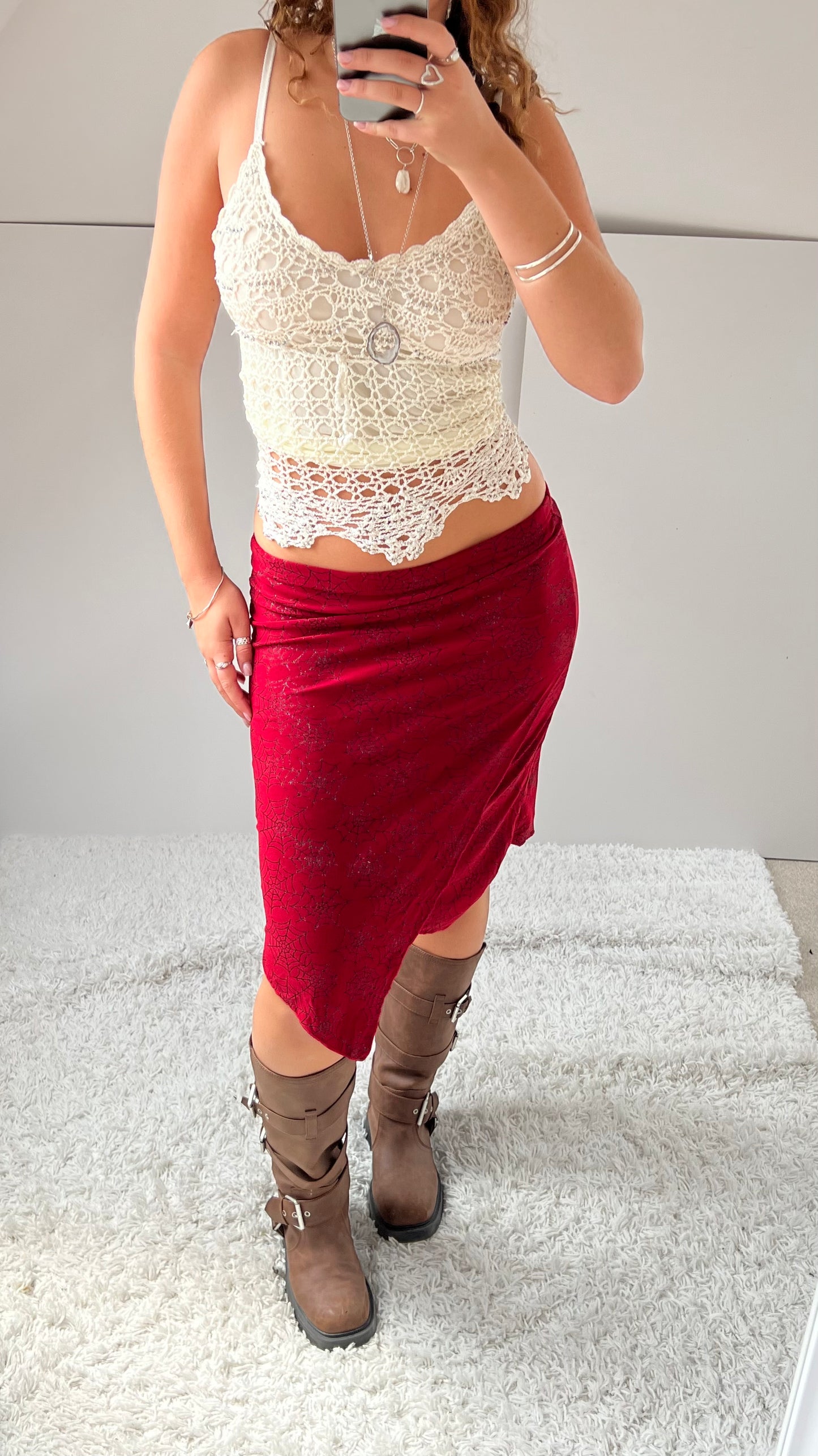 00s red glitter web midi skirt- size M