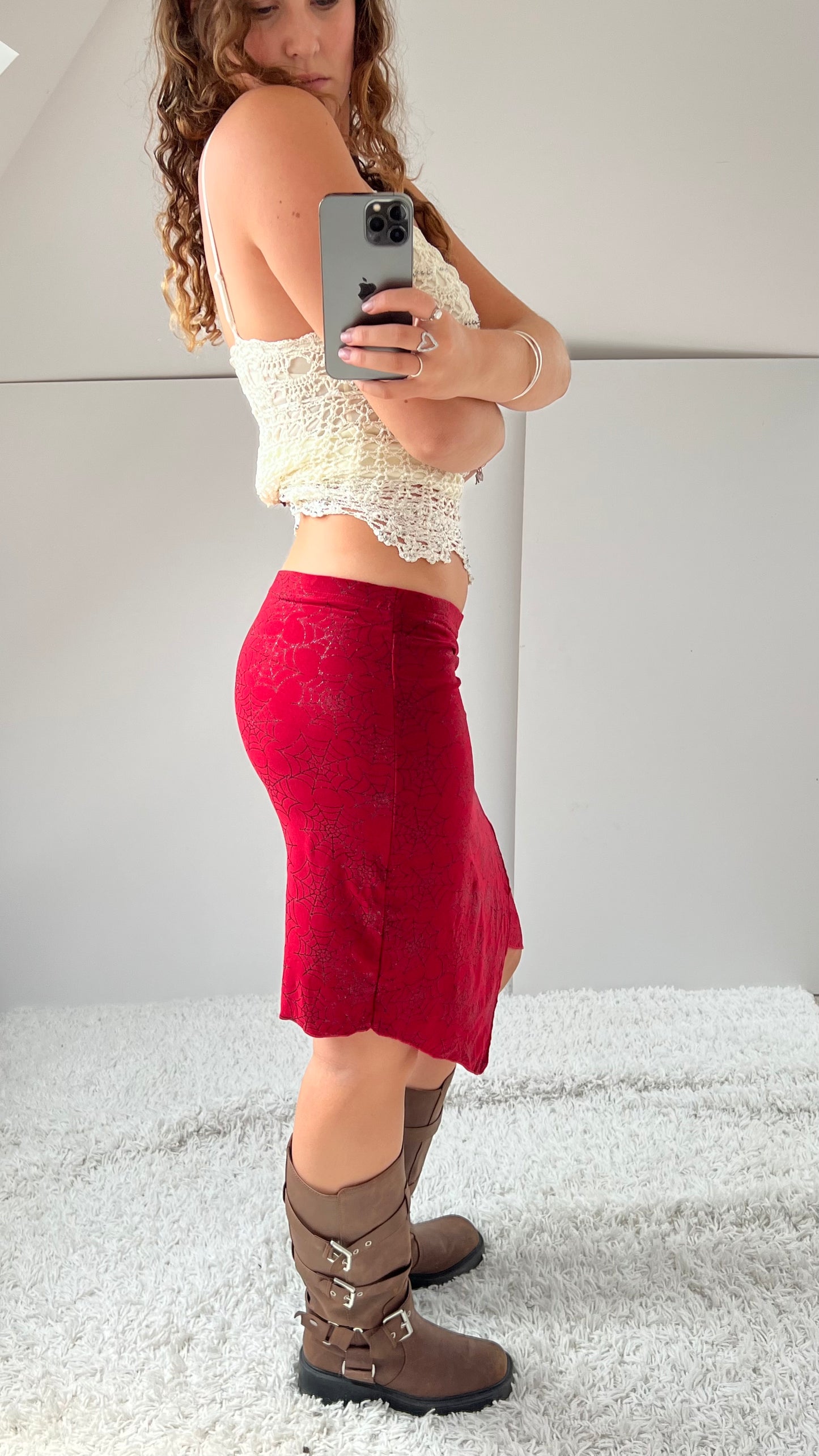 00s red glitter web midi skirt- size M