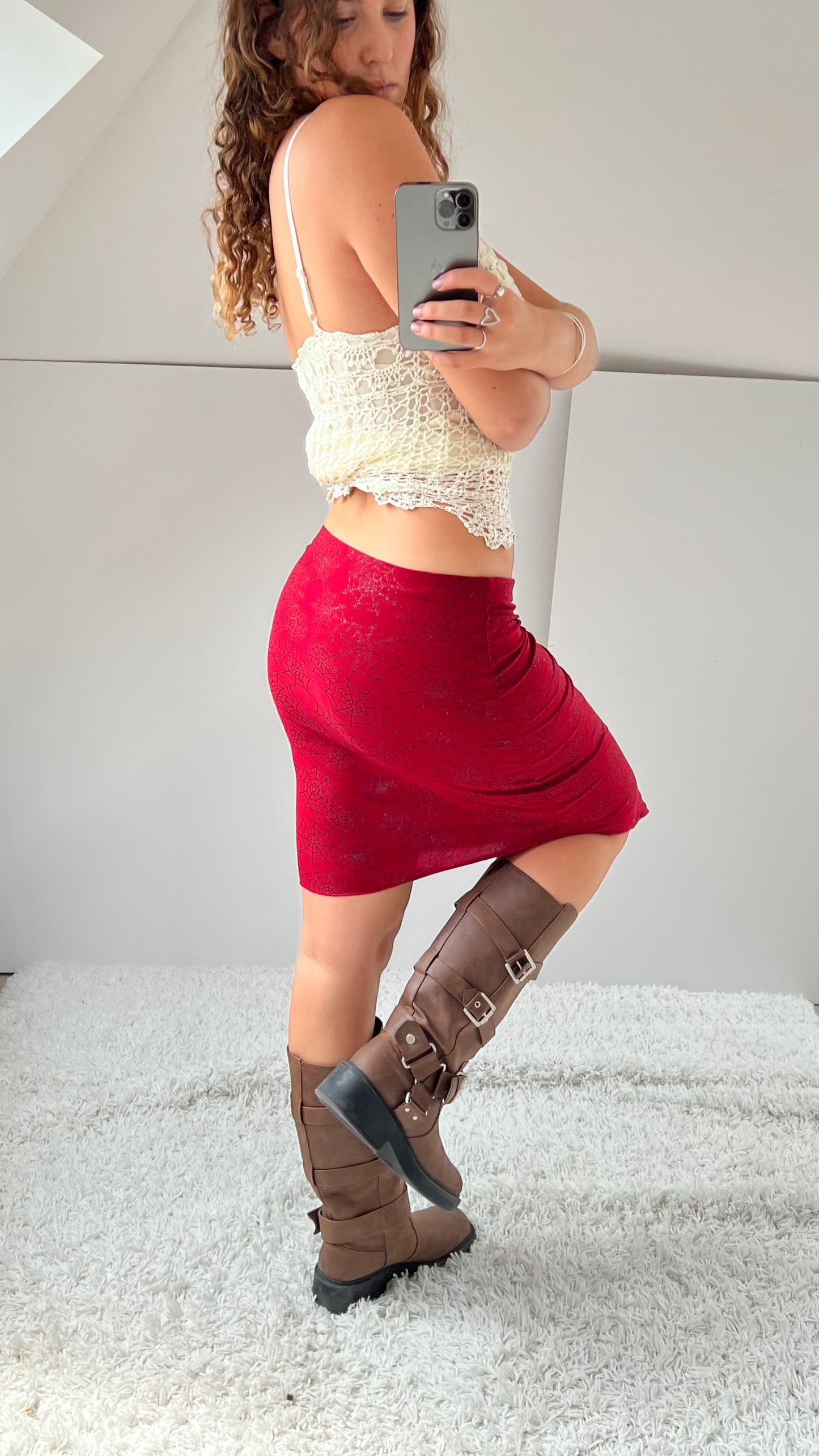 00s red glitter web midi skirt- size M