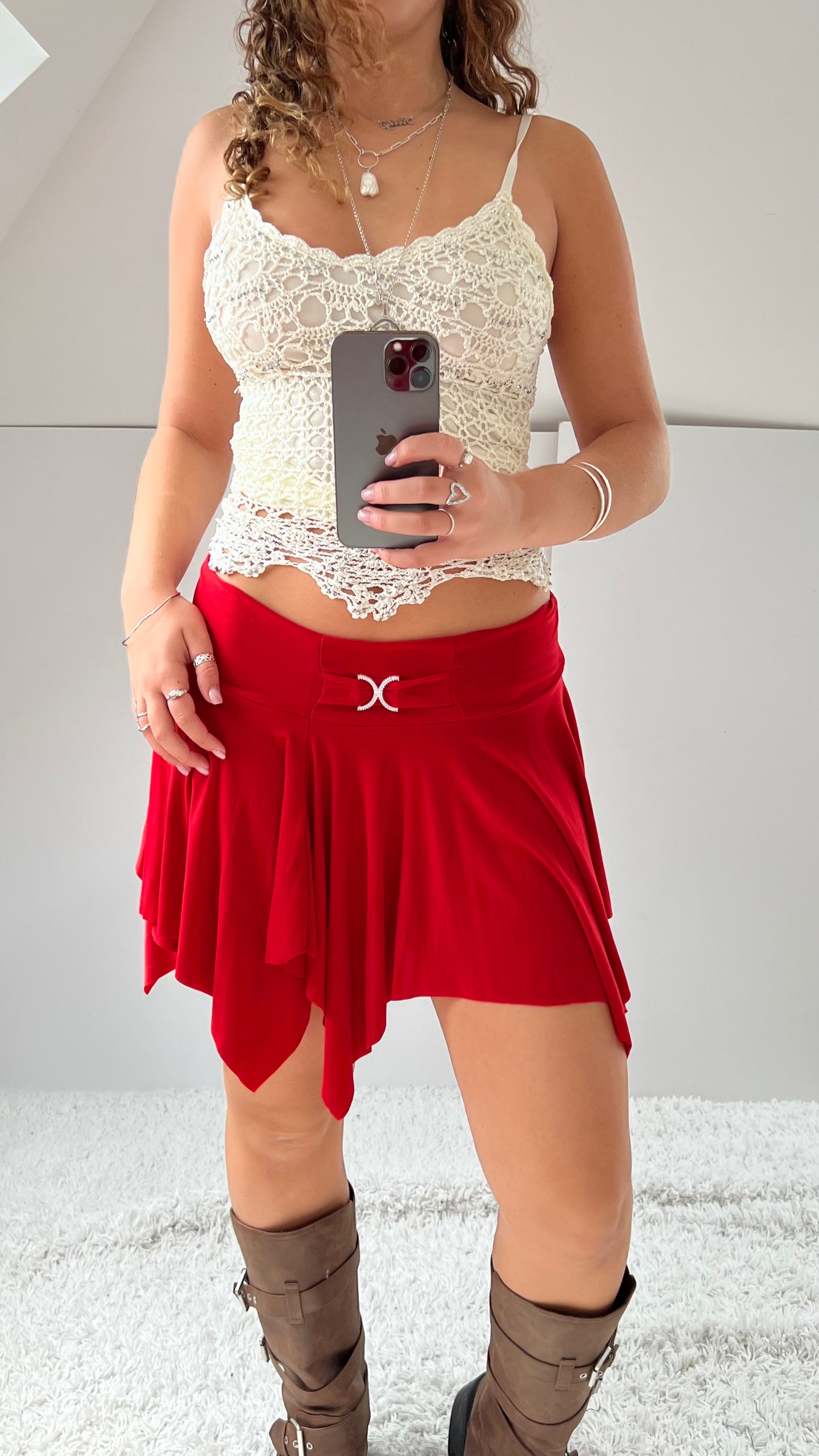 00s red slinky mini skirt- size S/M