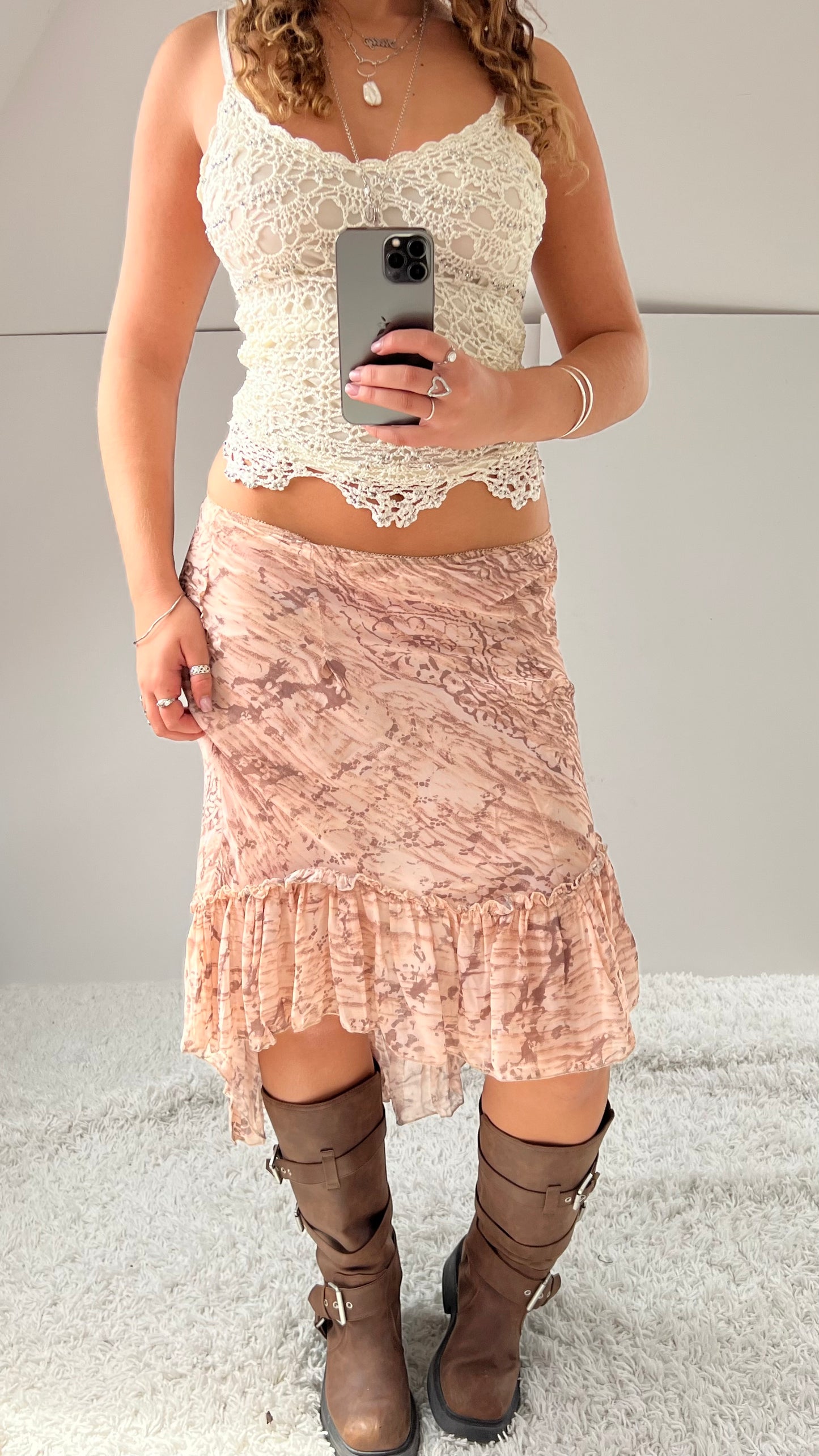 00s baby pink mesh midi skirt- size S