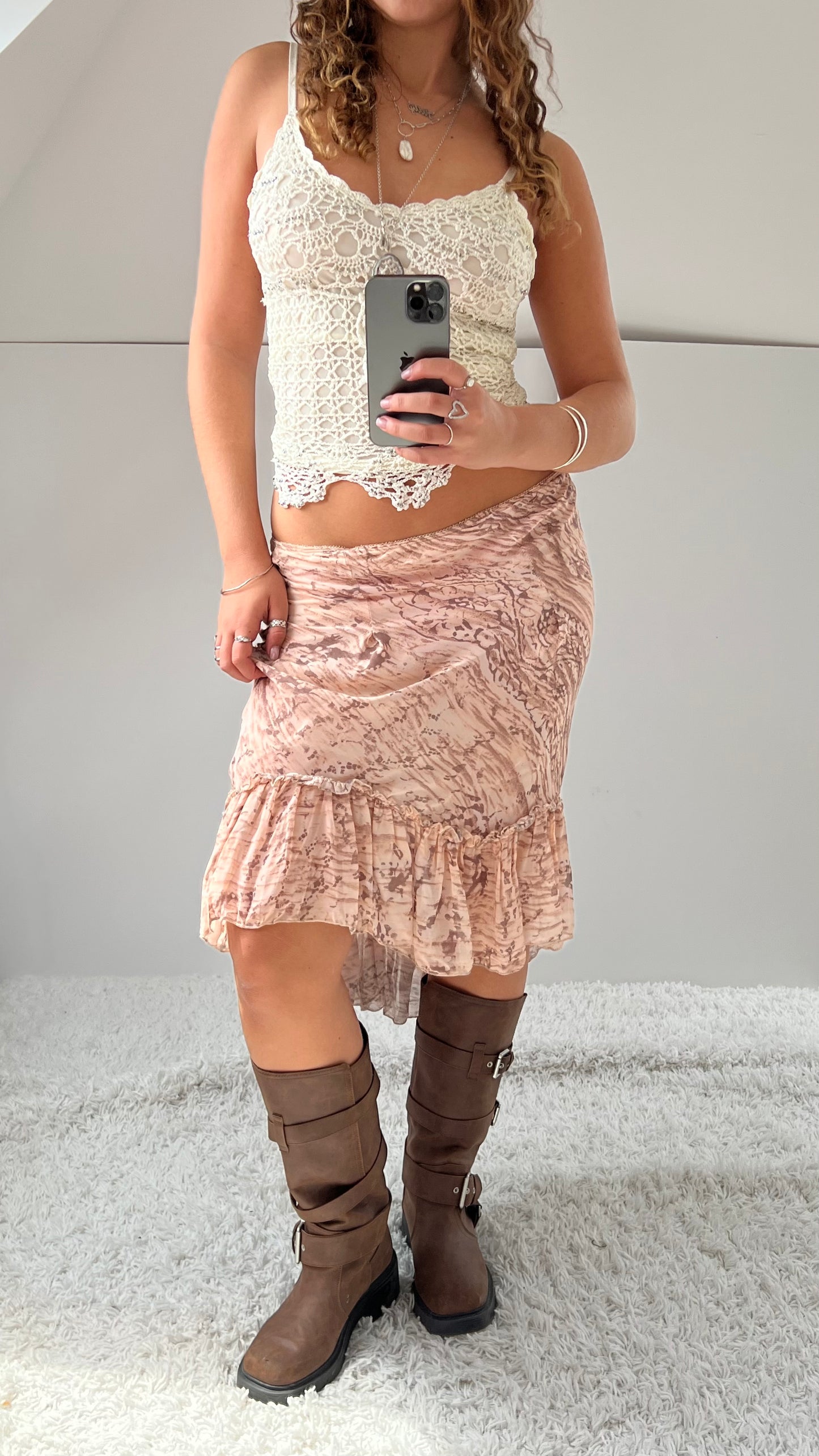00s baby pink mesh midi skirt- size S