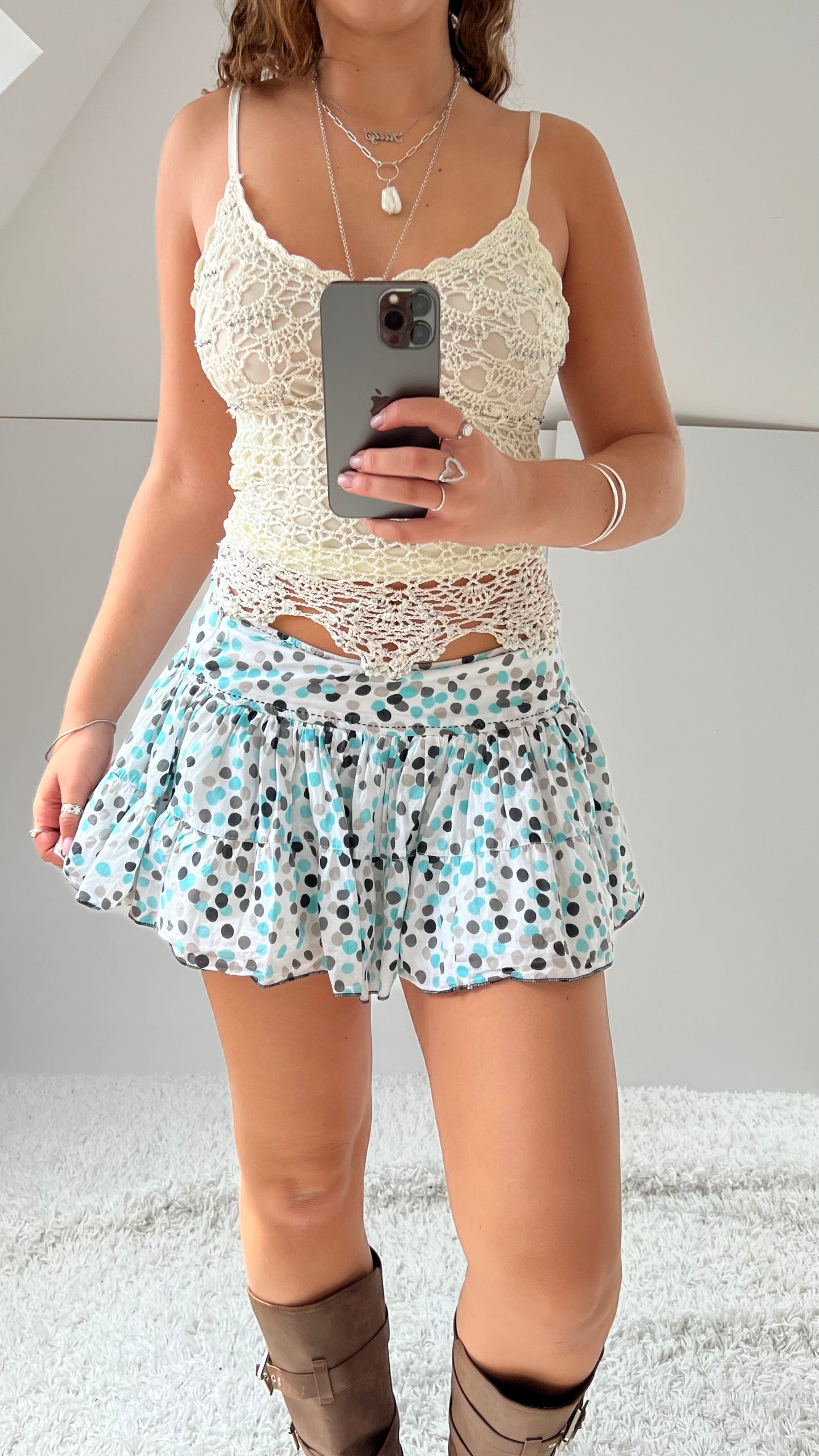 00s blue polka dot mini skirt- size S