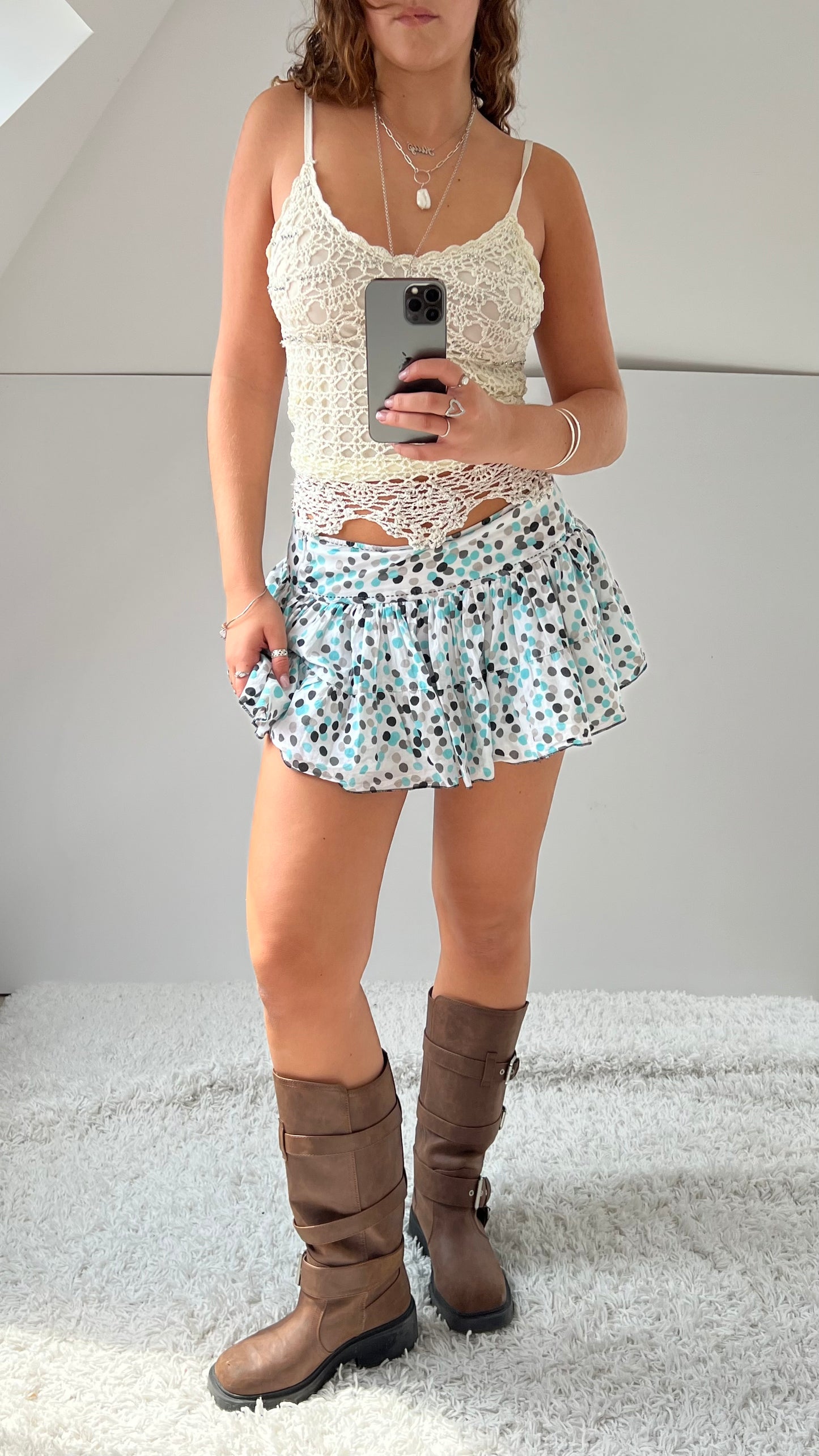 00s blue polka dot mini skirt- size S