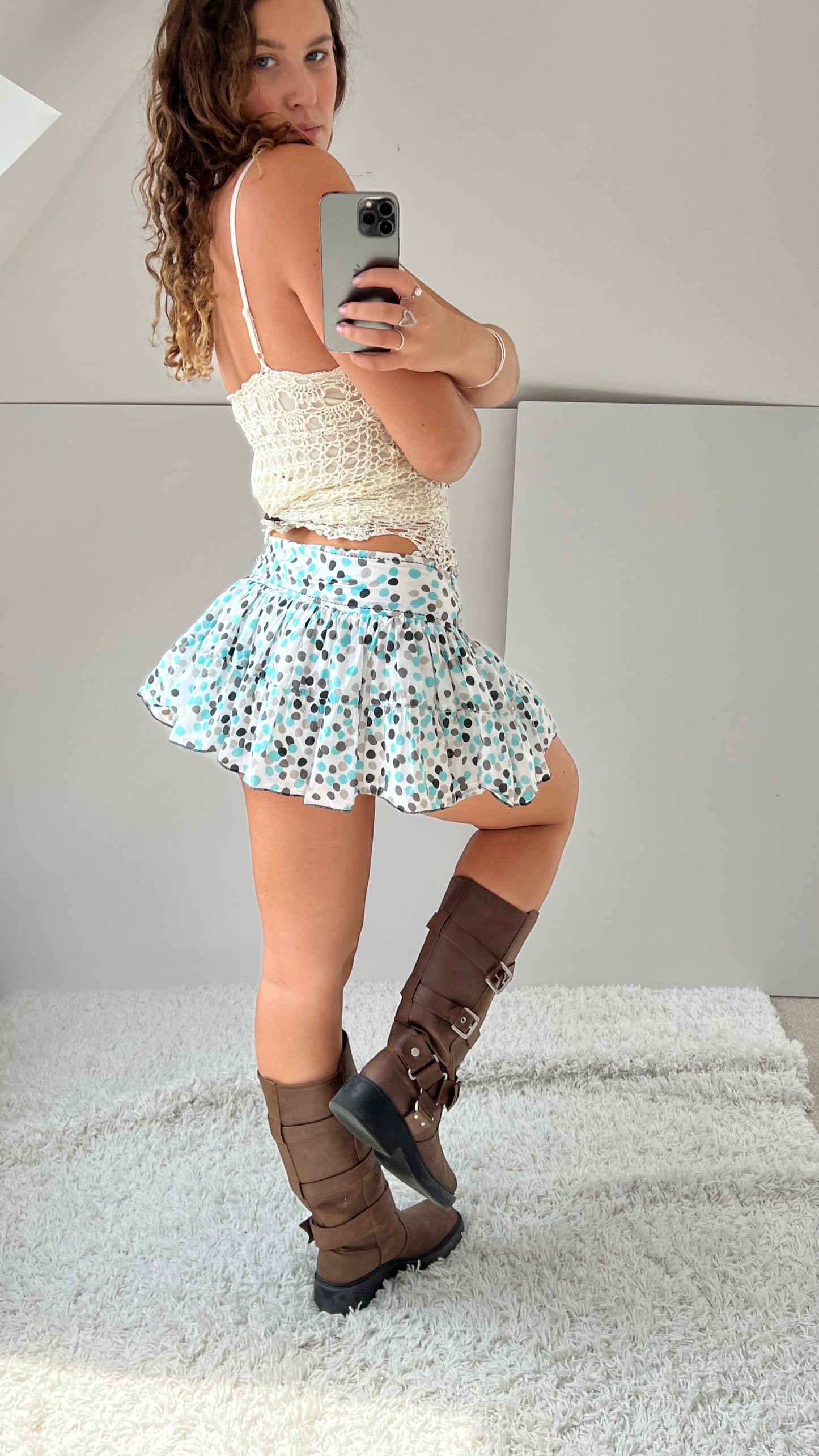 00s blue polka dot mini skirt- size S