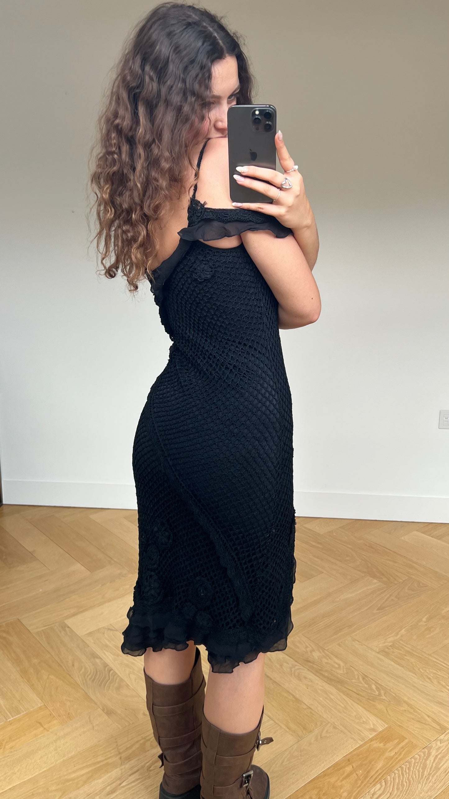 00s black crochet midi dress- size S