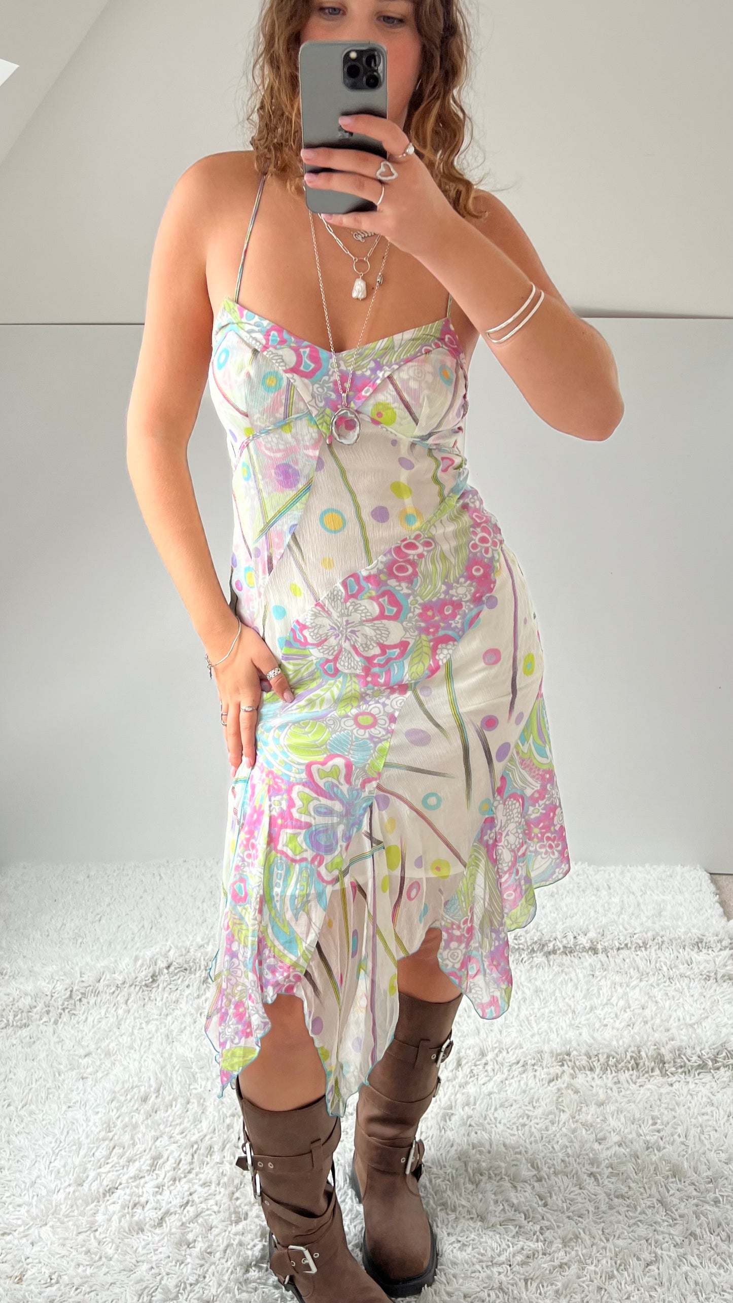 00s cream pink floral silk midi dress- size S
