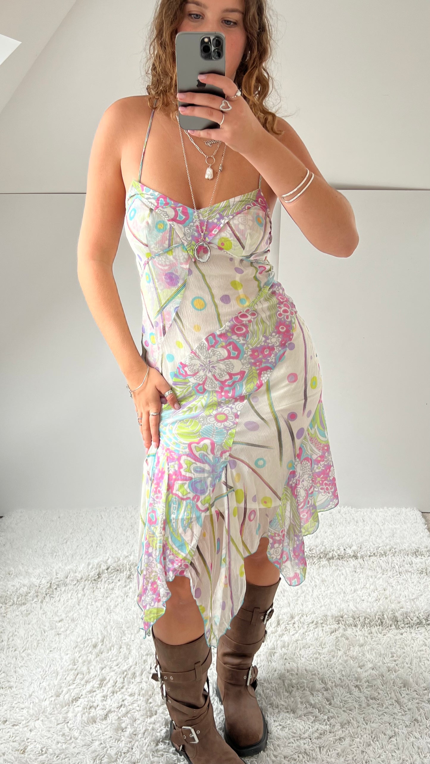 00s cream pink floral silk midi dress- size S