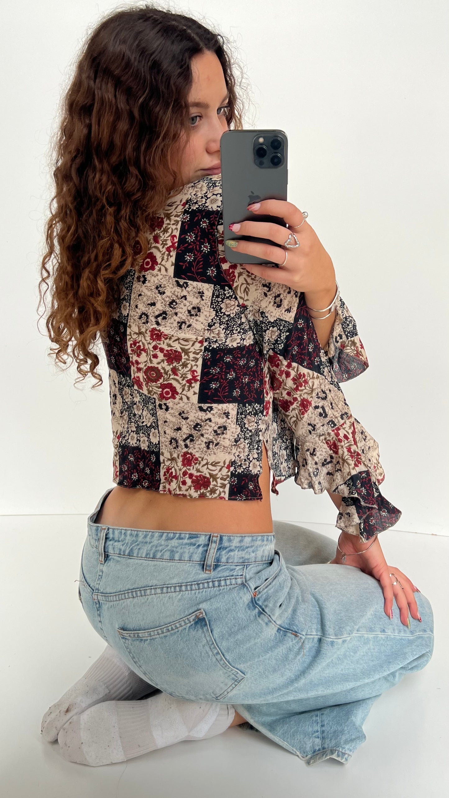 00s red floral long sleeve top- size L