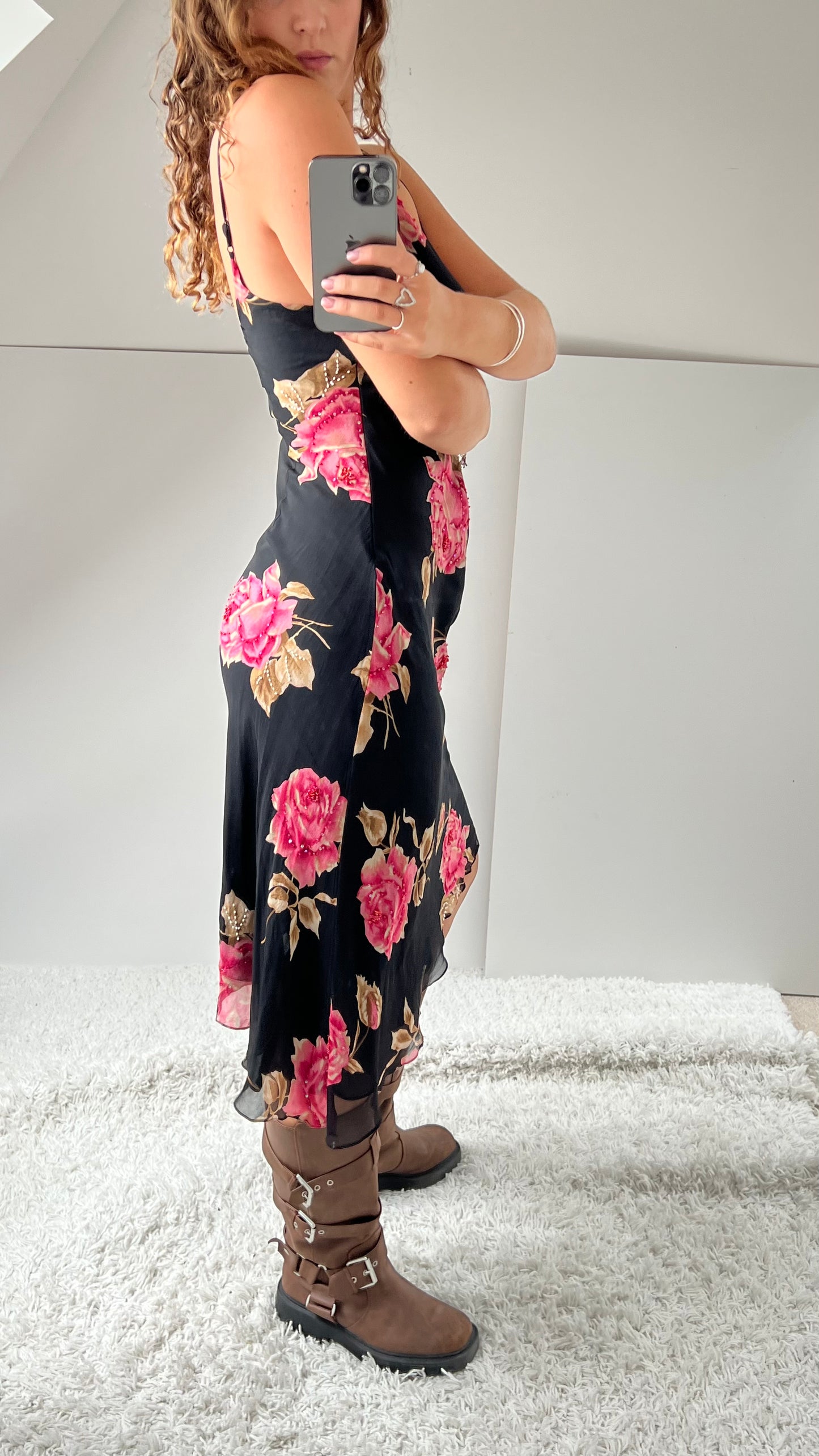 00s black mesh beaded midi dress- size M