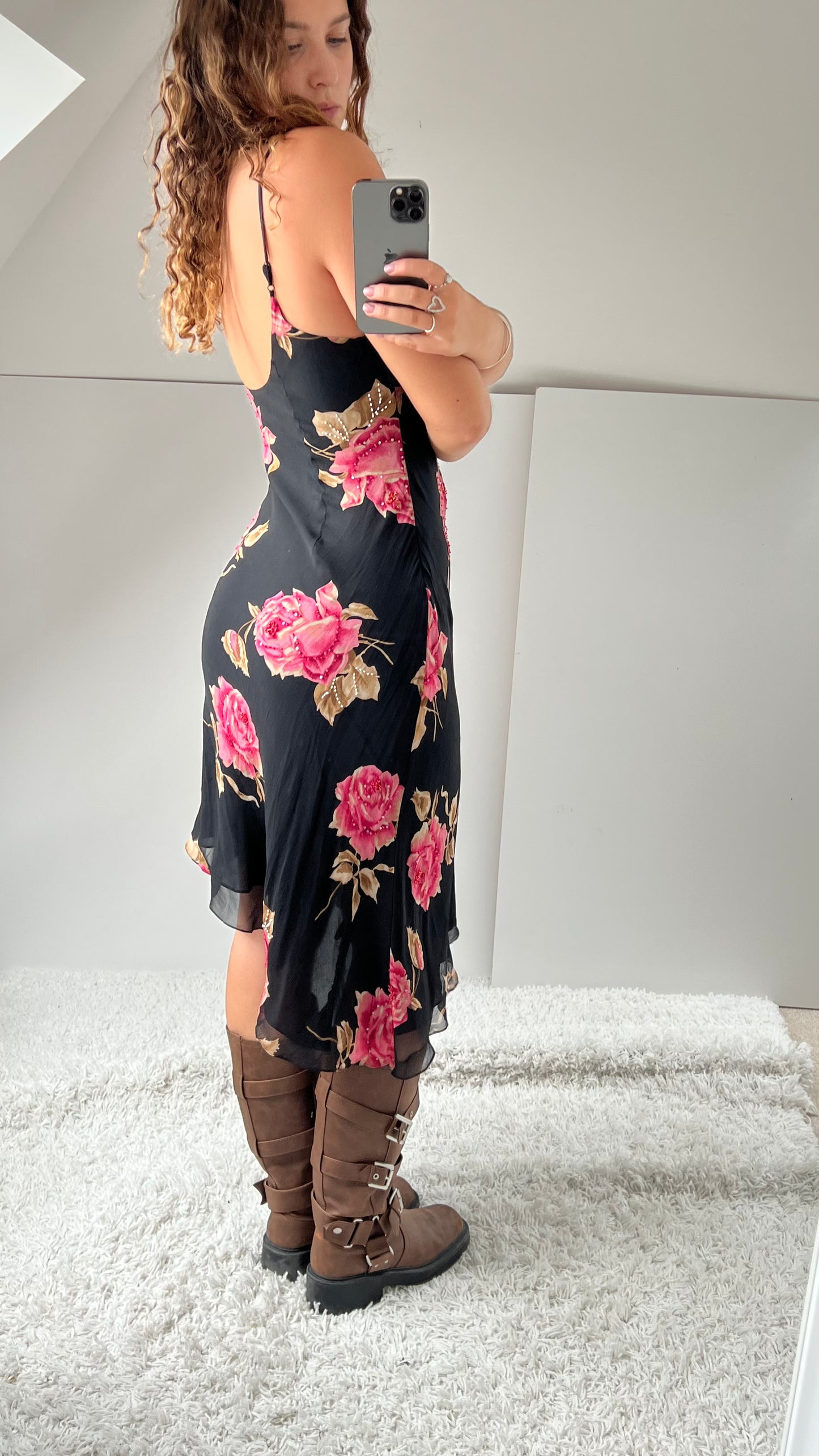 00s black mesh beaded midi dress- size M