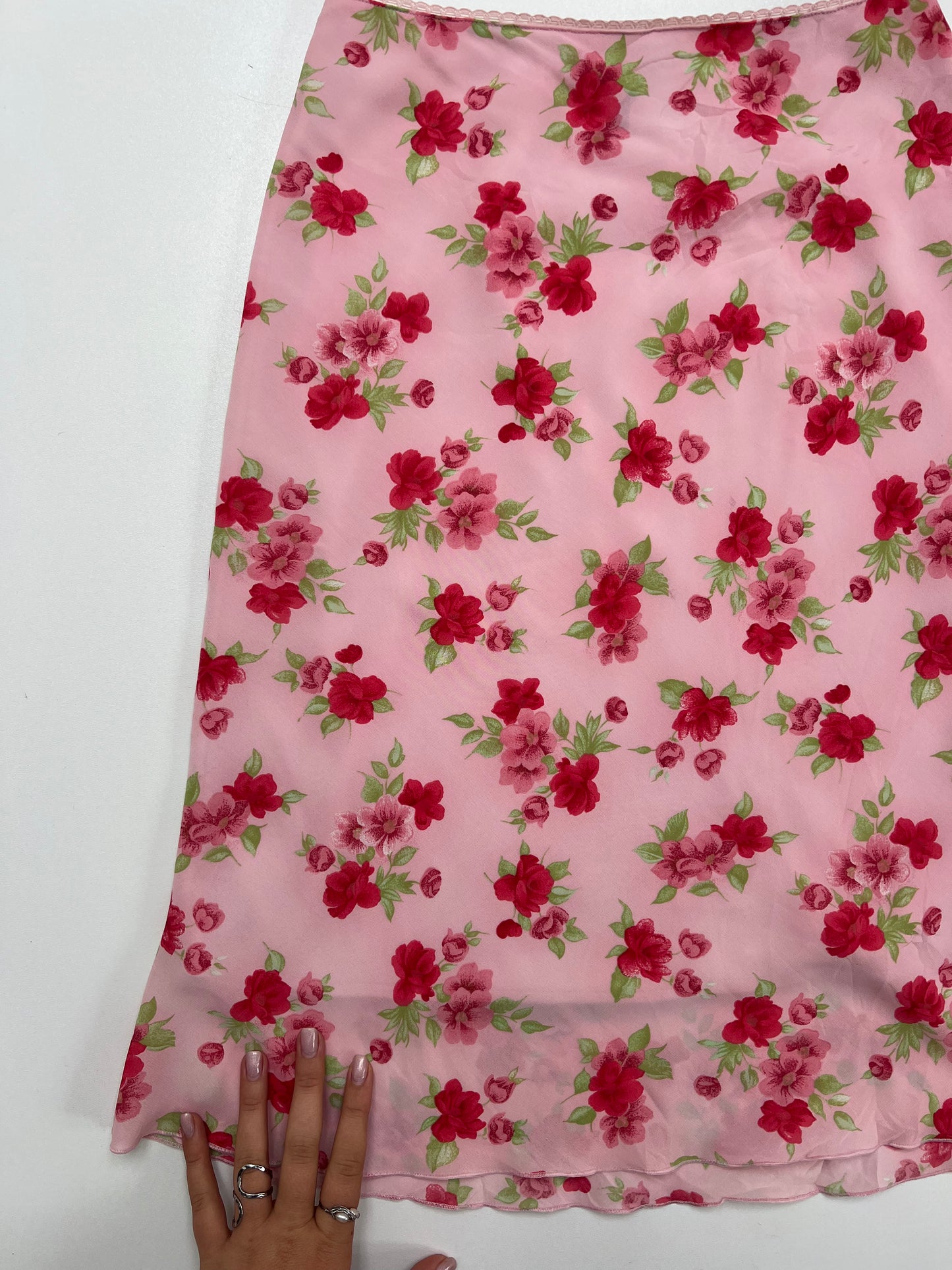 00s pink mesh floral midi skirt- size XS