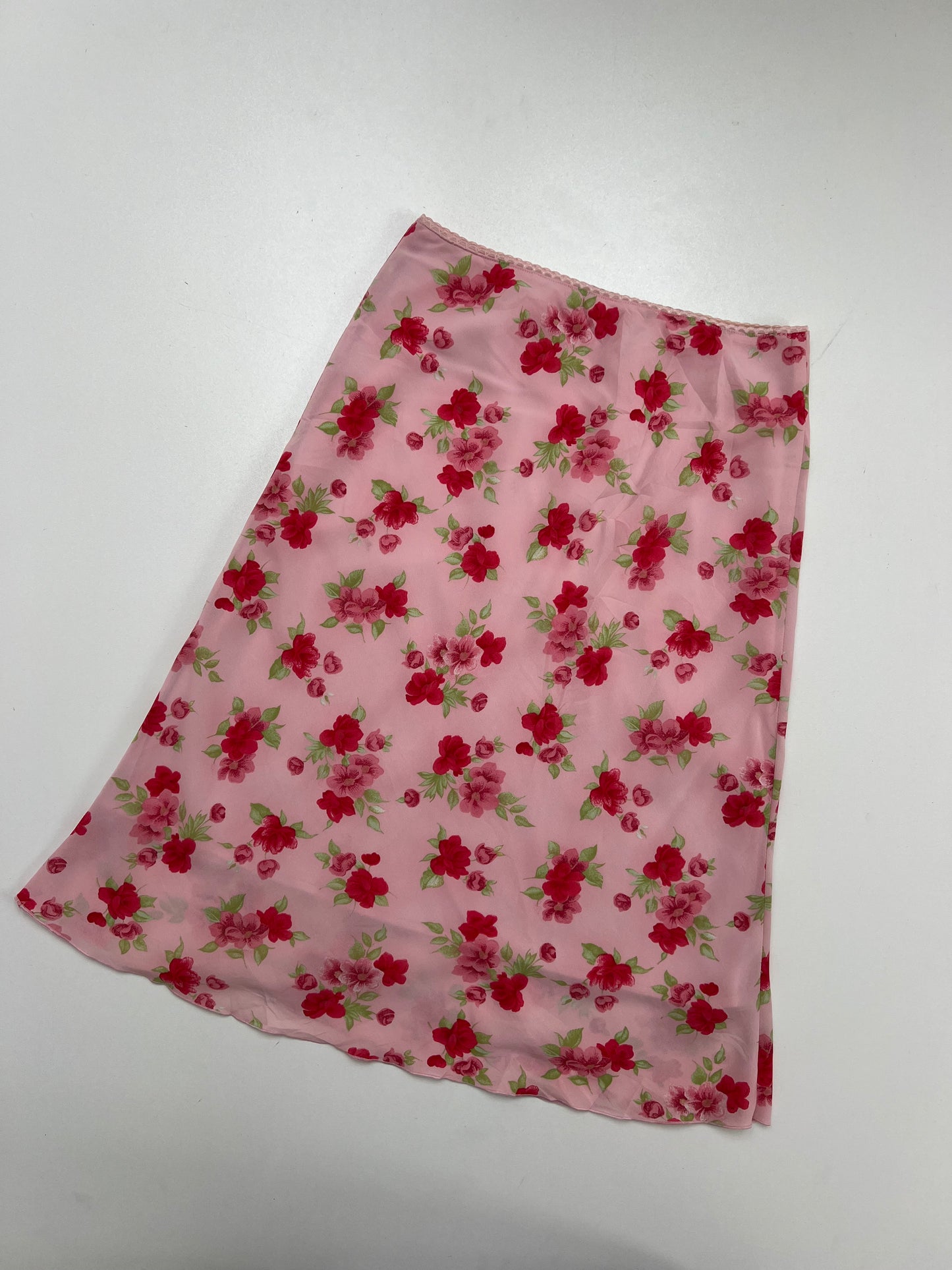 00s pink mesh floral midi skirt- size XS