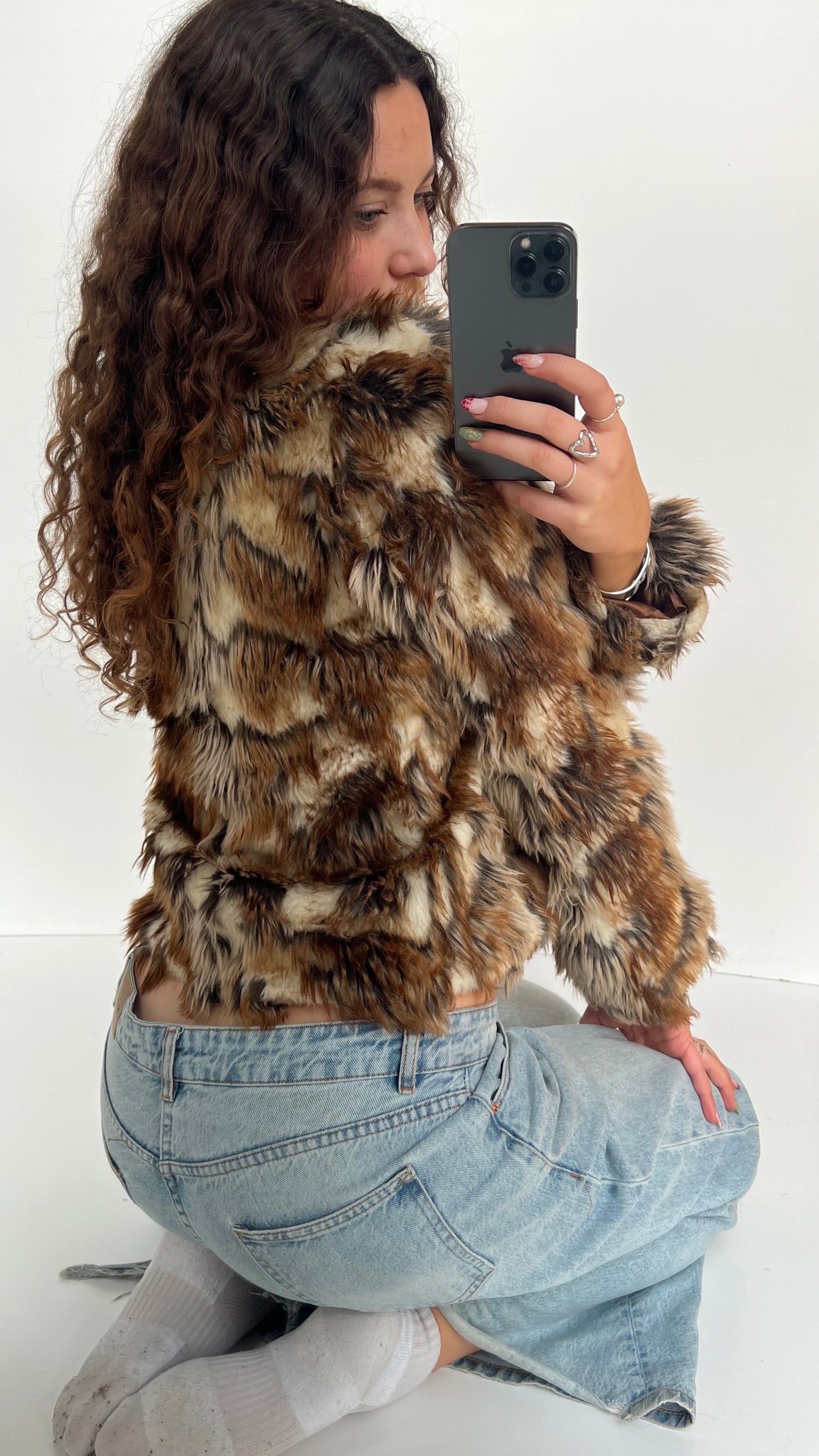 00s brown cream fur jacket- size m