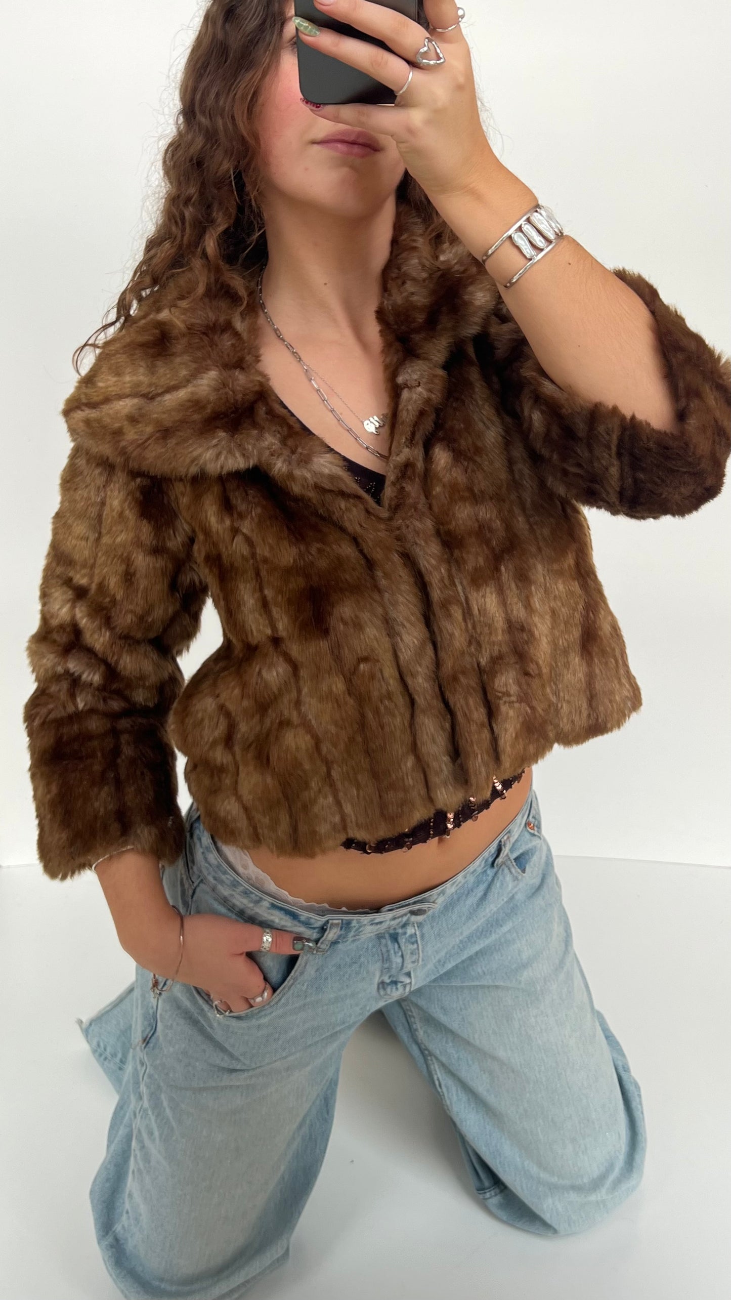 00s brown fur jacket- size S