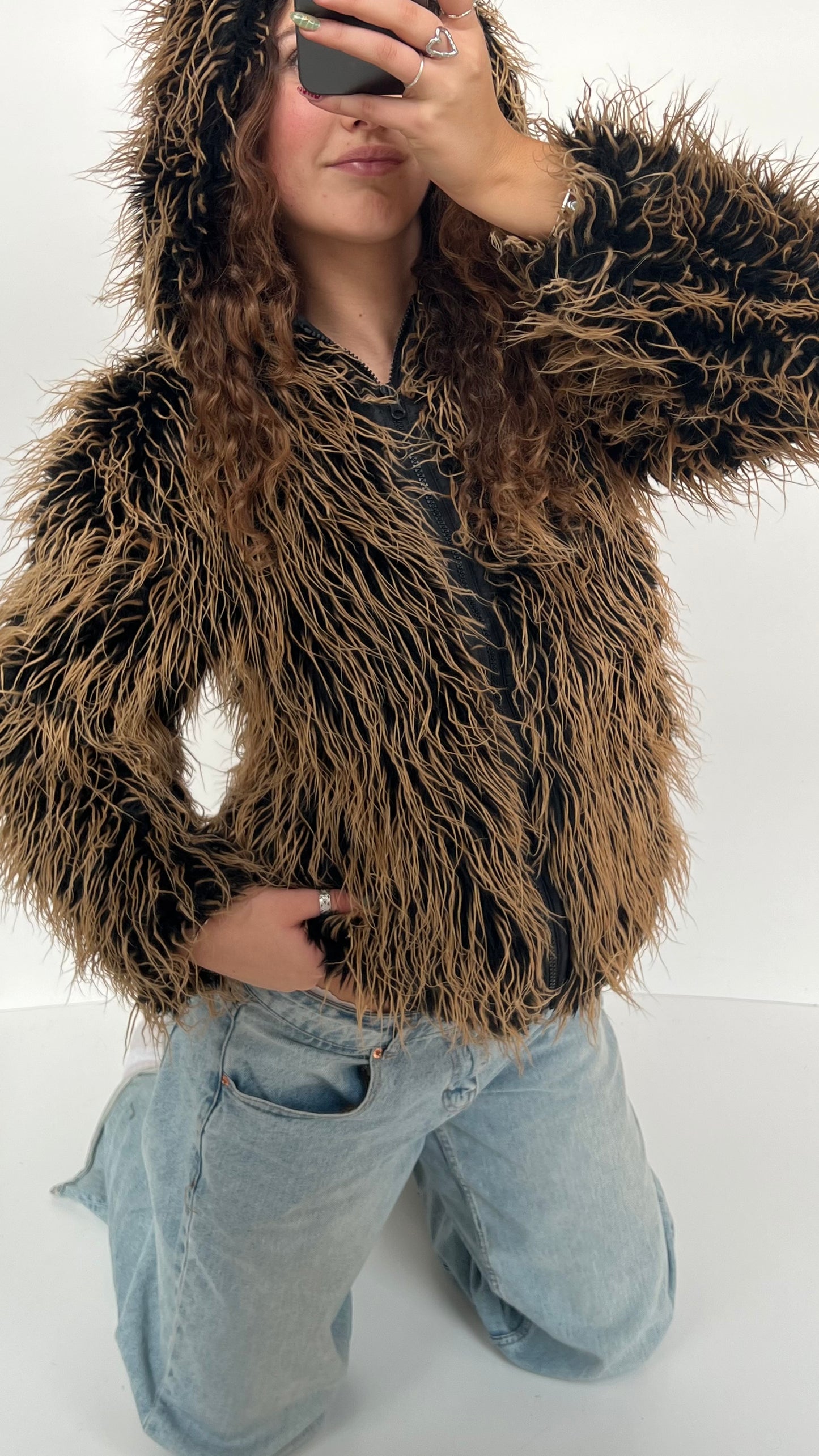 00s orange black fur jacket- size S