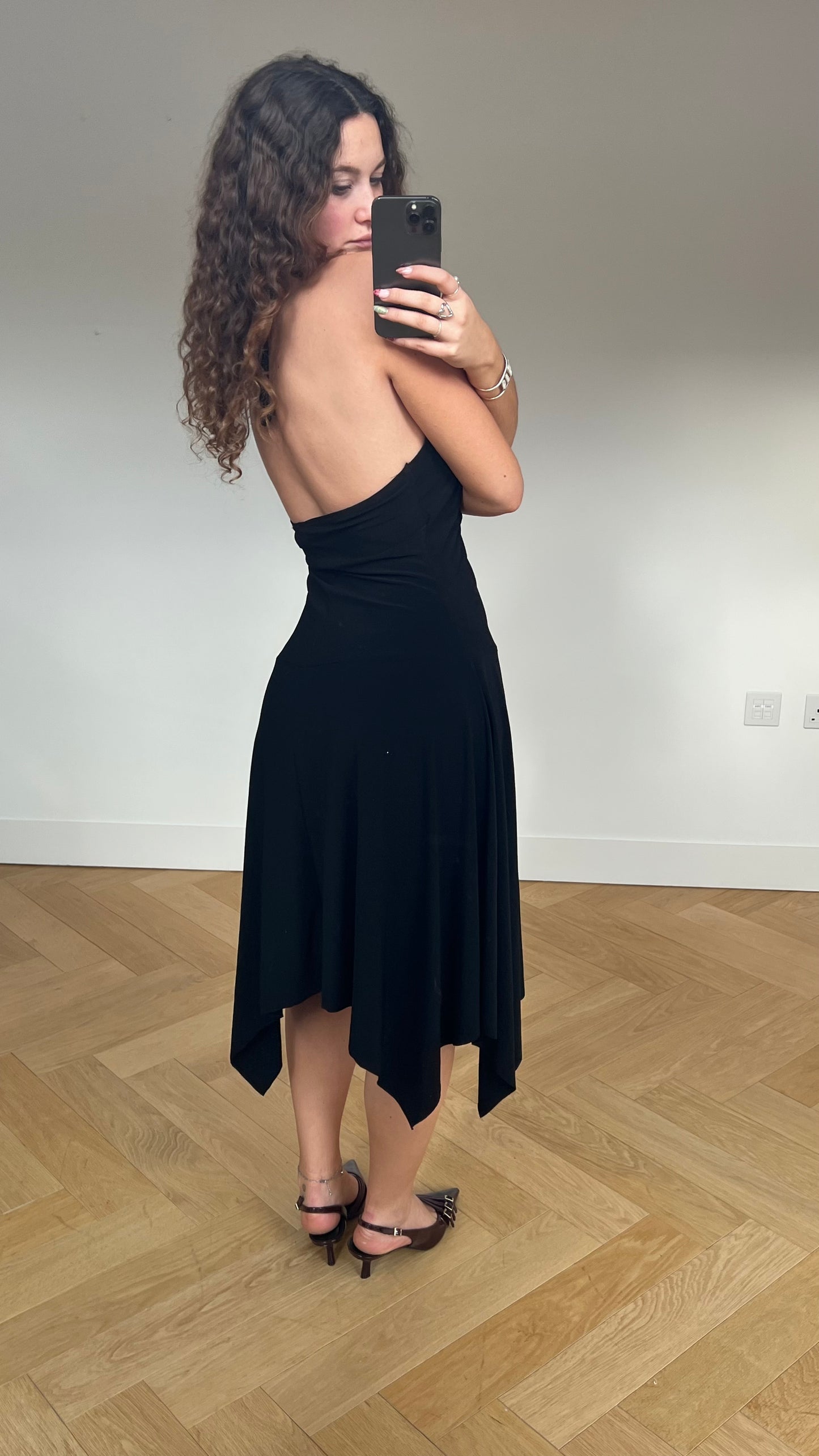 00s black diamanté midi dress- size L