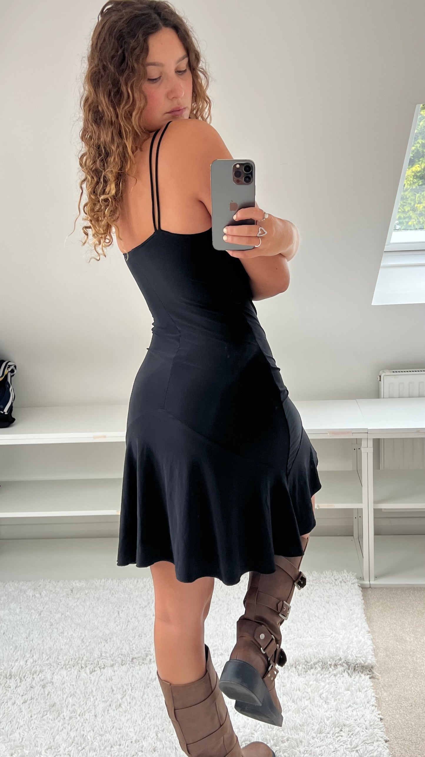 00s black slinky strappy midi dress- size S