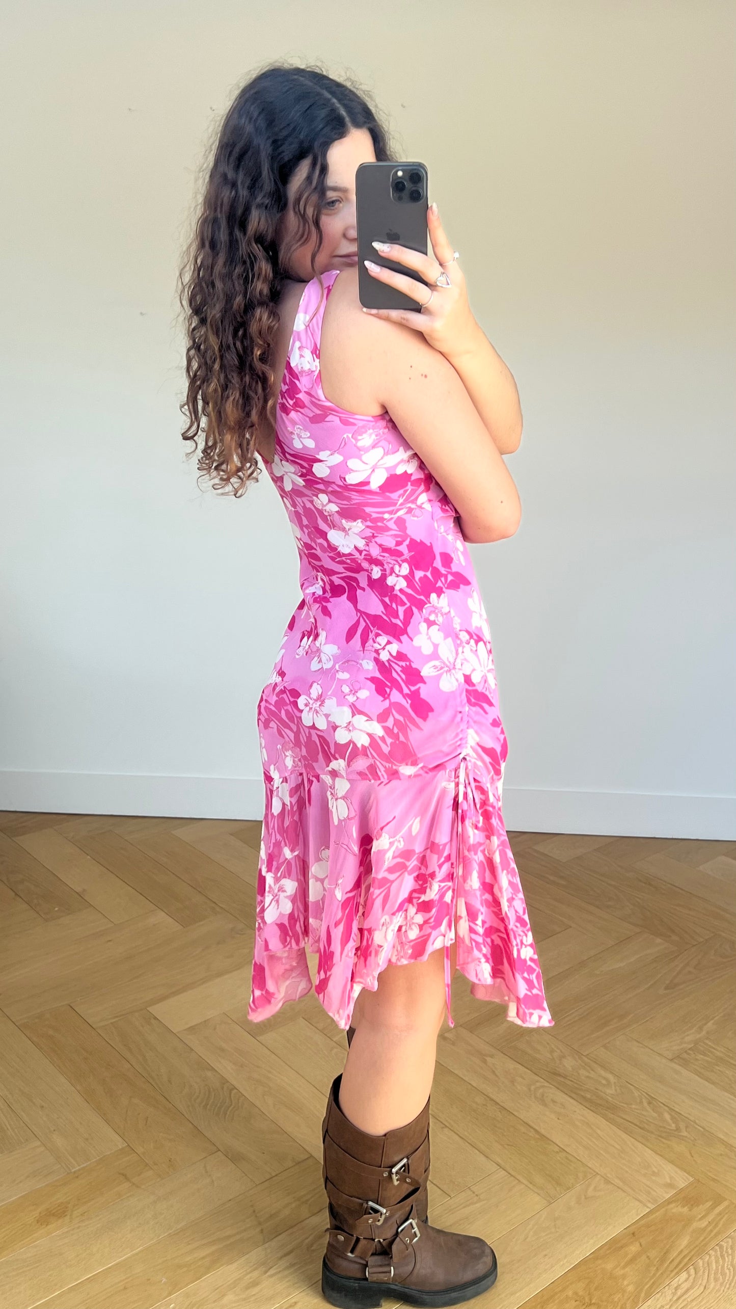 00s pink floral mesh midi dress- size M