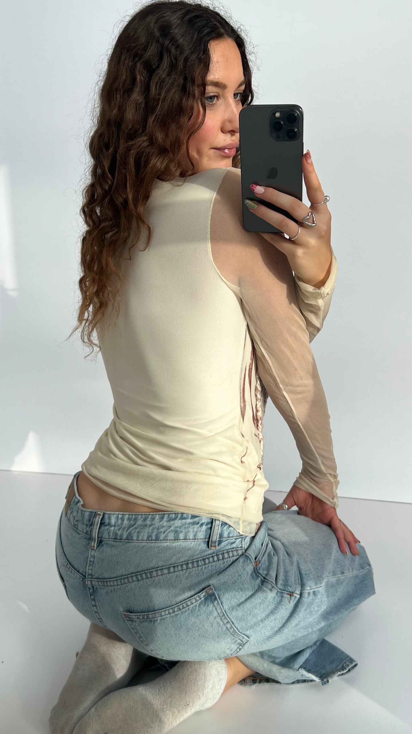 00s cream knit mesh top- size M