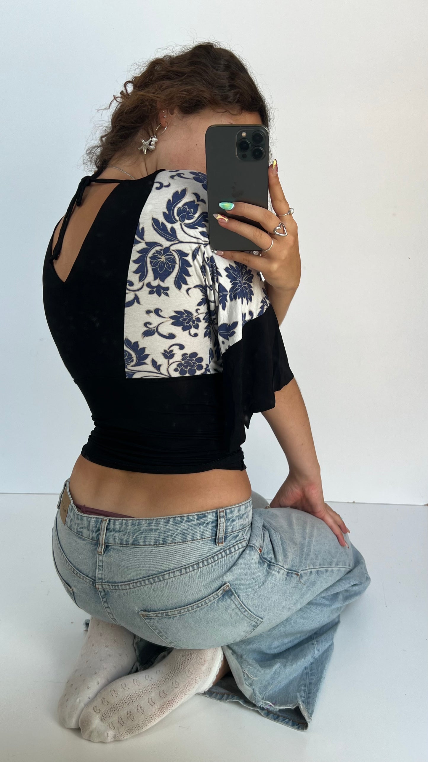 00s black blue floral top- size S