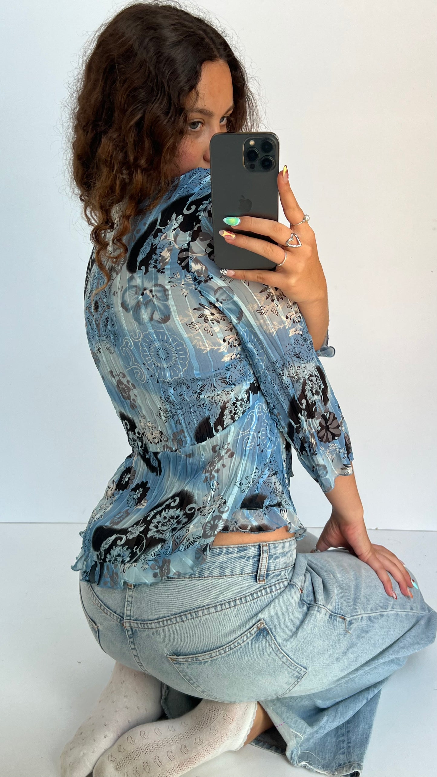 00s blue mesh floral top- size M