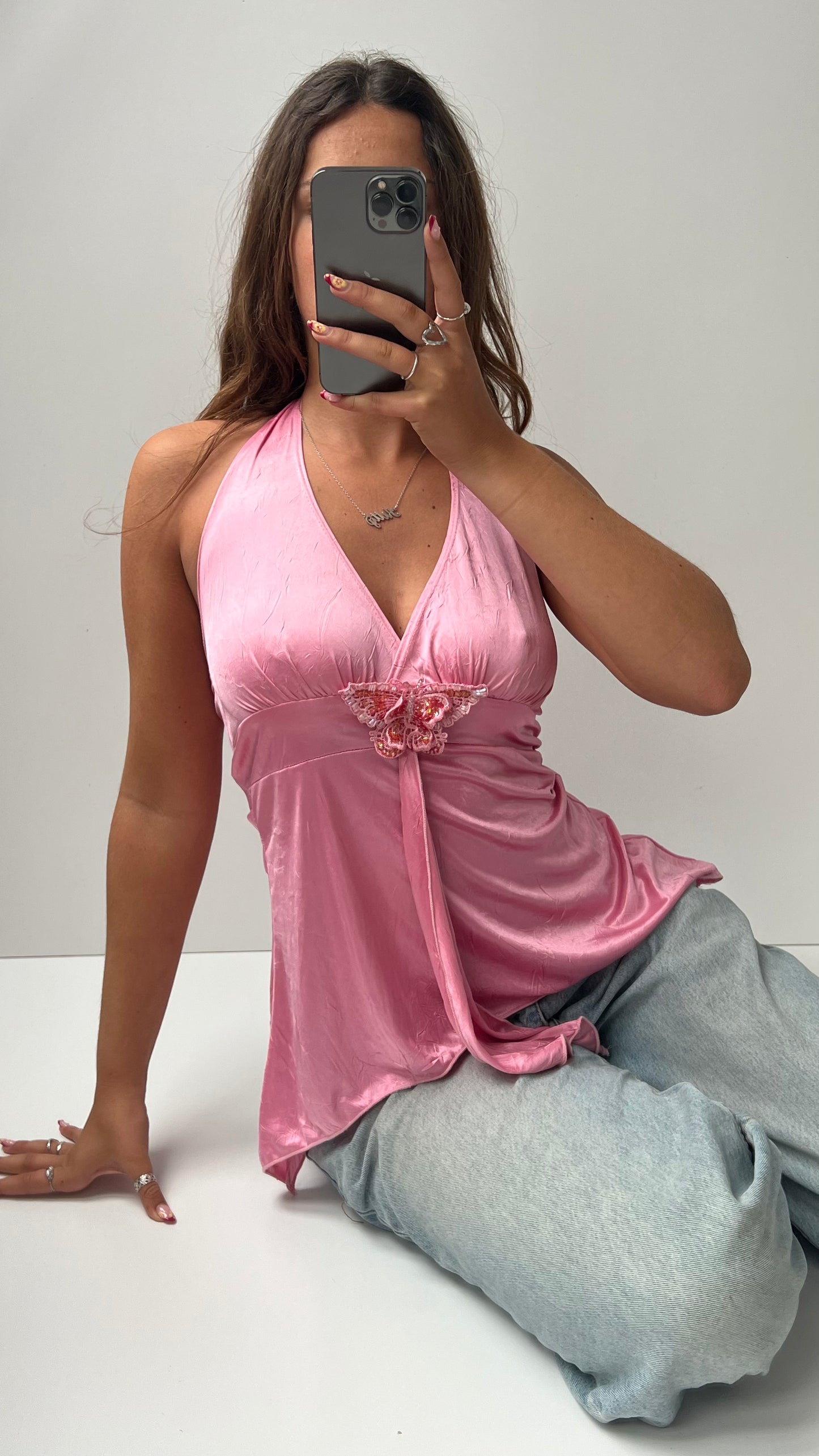 00s pink satin butterfly cami- size S
