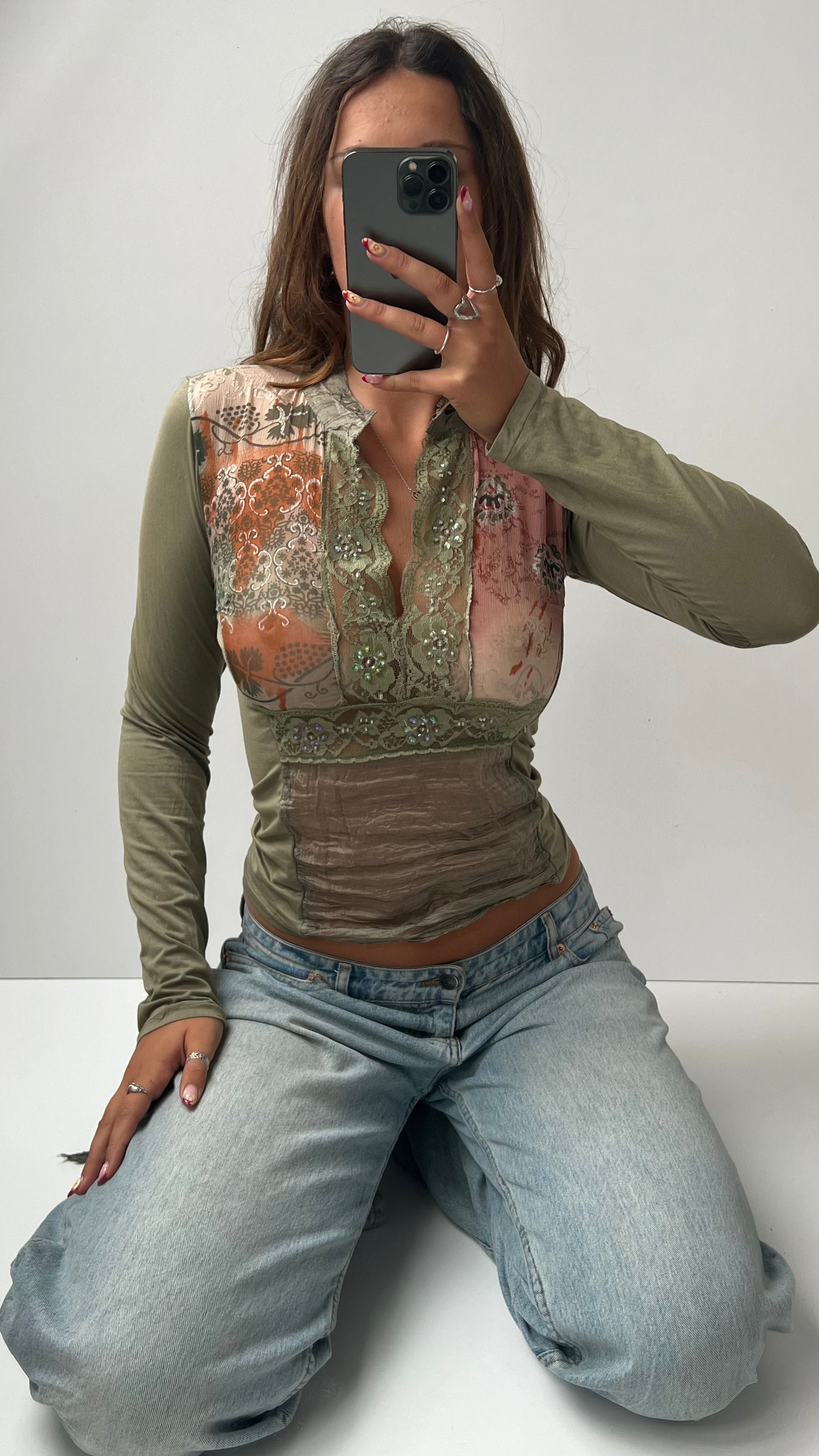 00s green pink long sleeve top- size S
