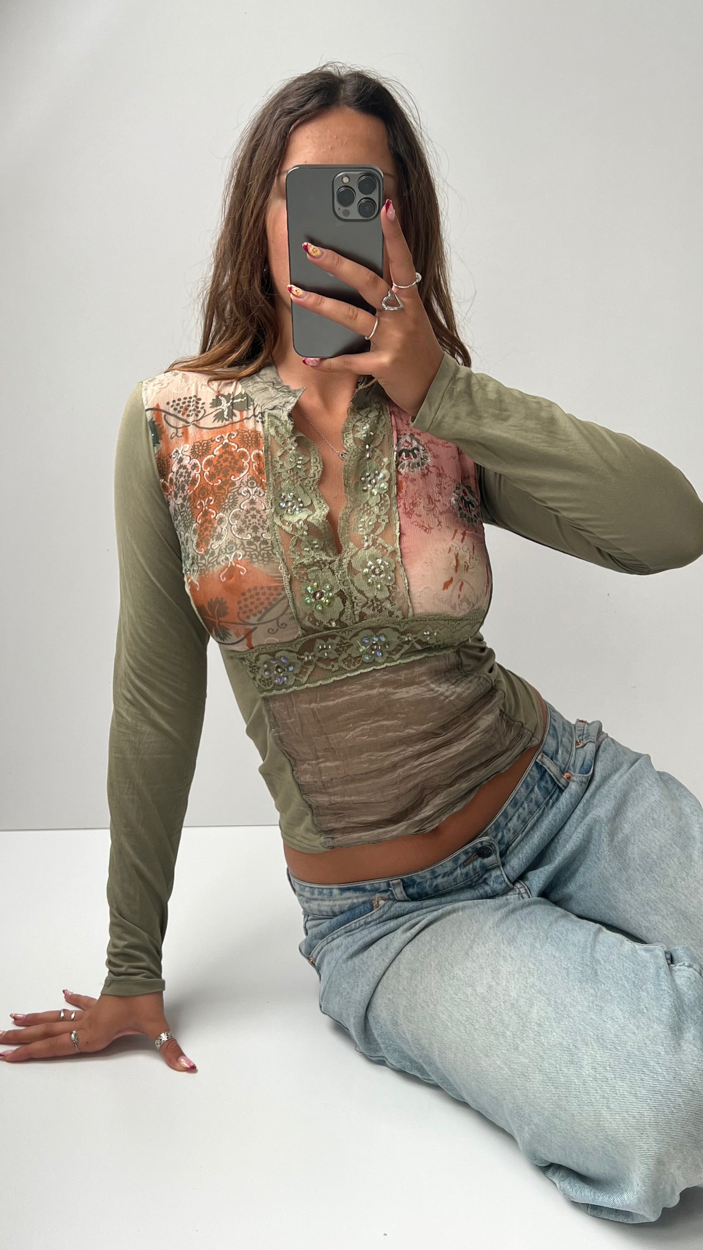 00s green pink long sleeve top- size S