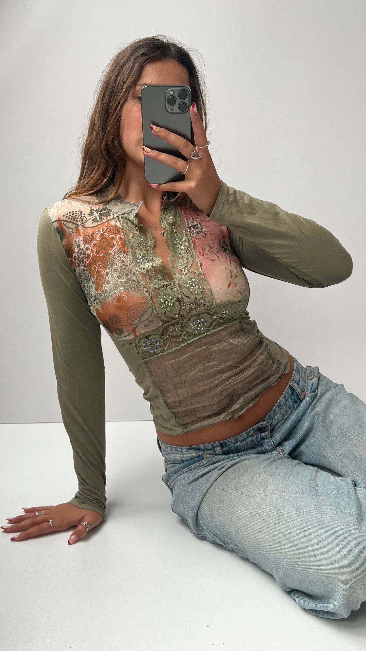 00s green pink long sleeve top- size S