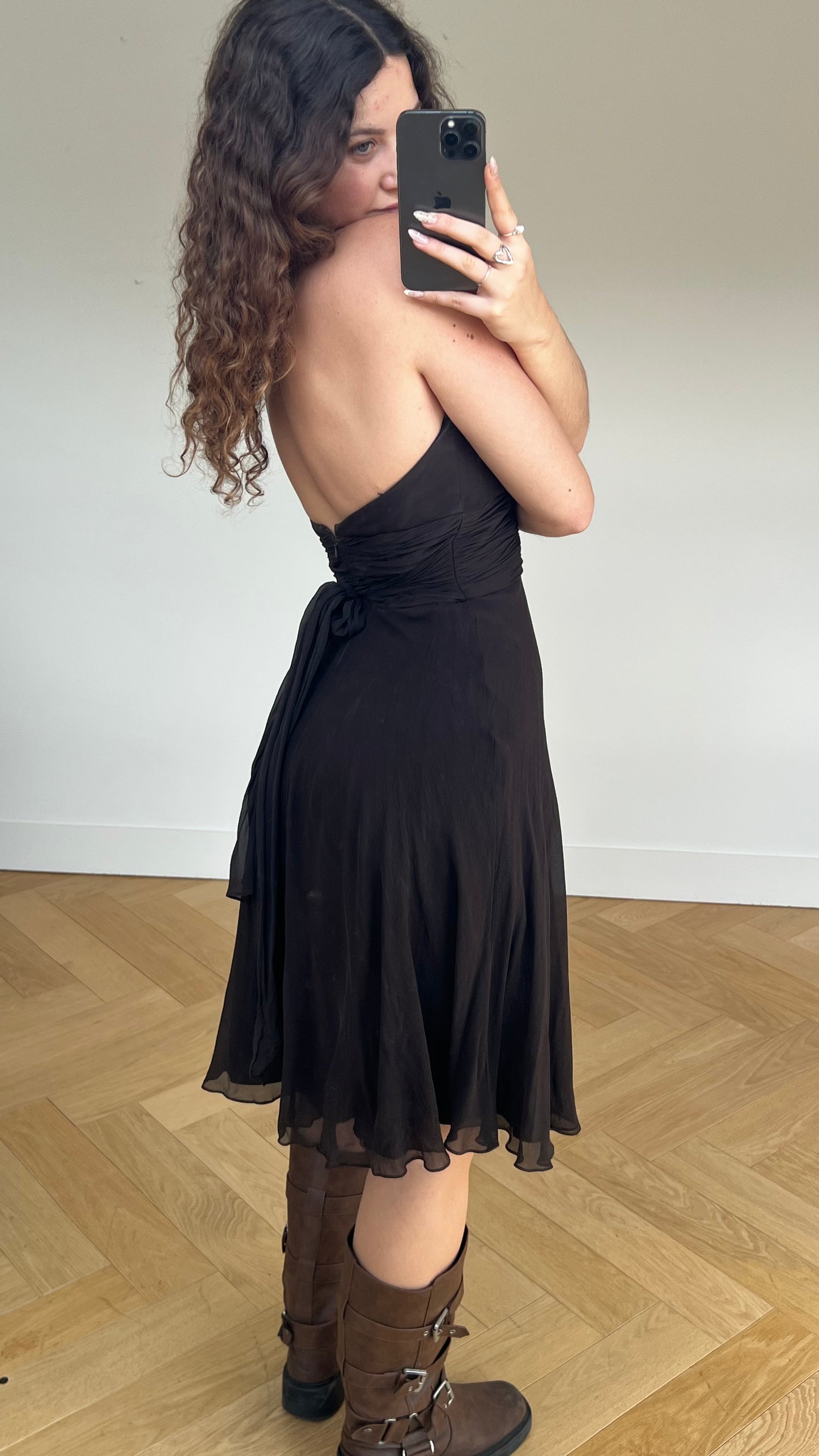 00s brown silk midi dress- size M