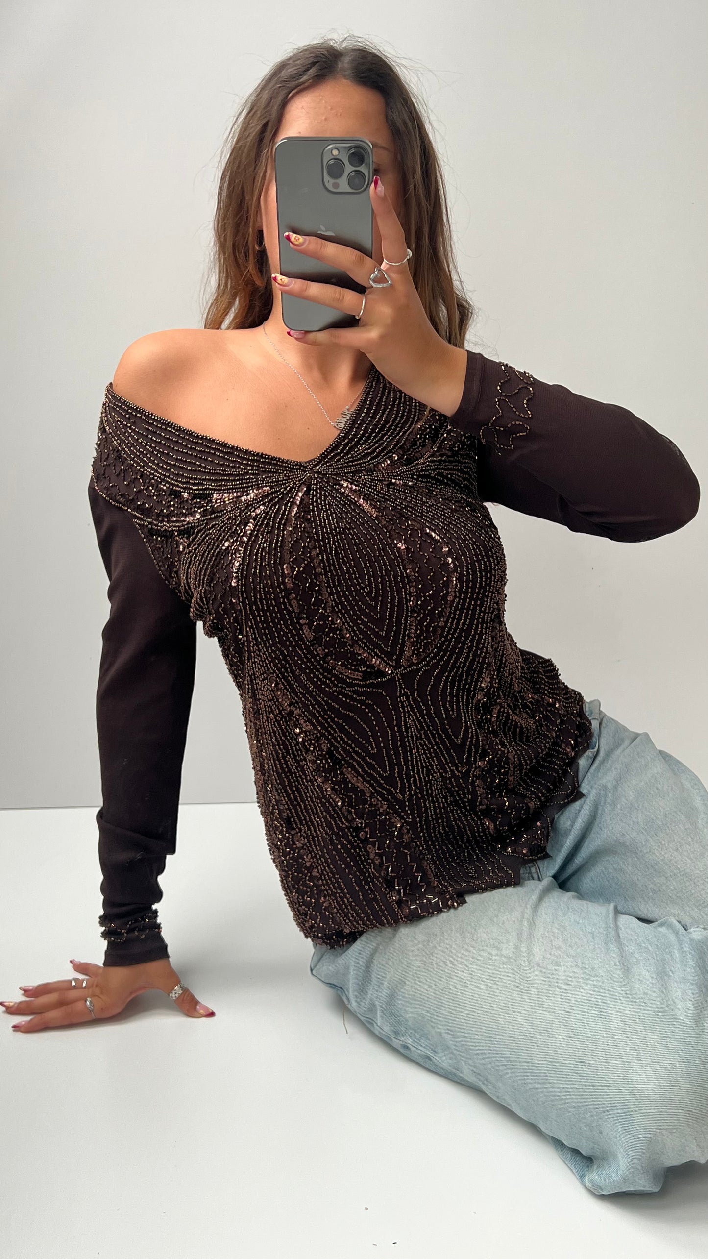 00s brown beaded long sleeve top- size XXL