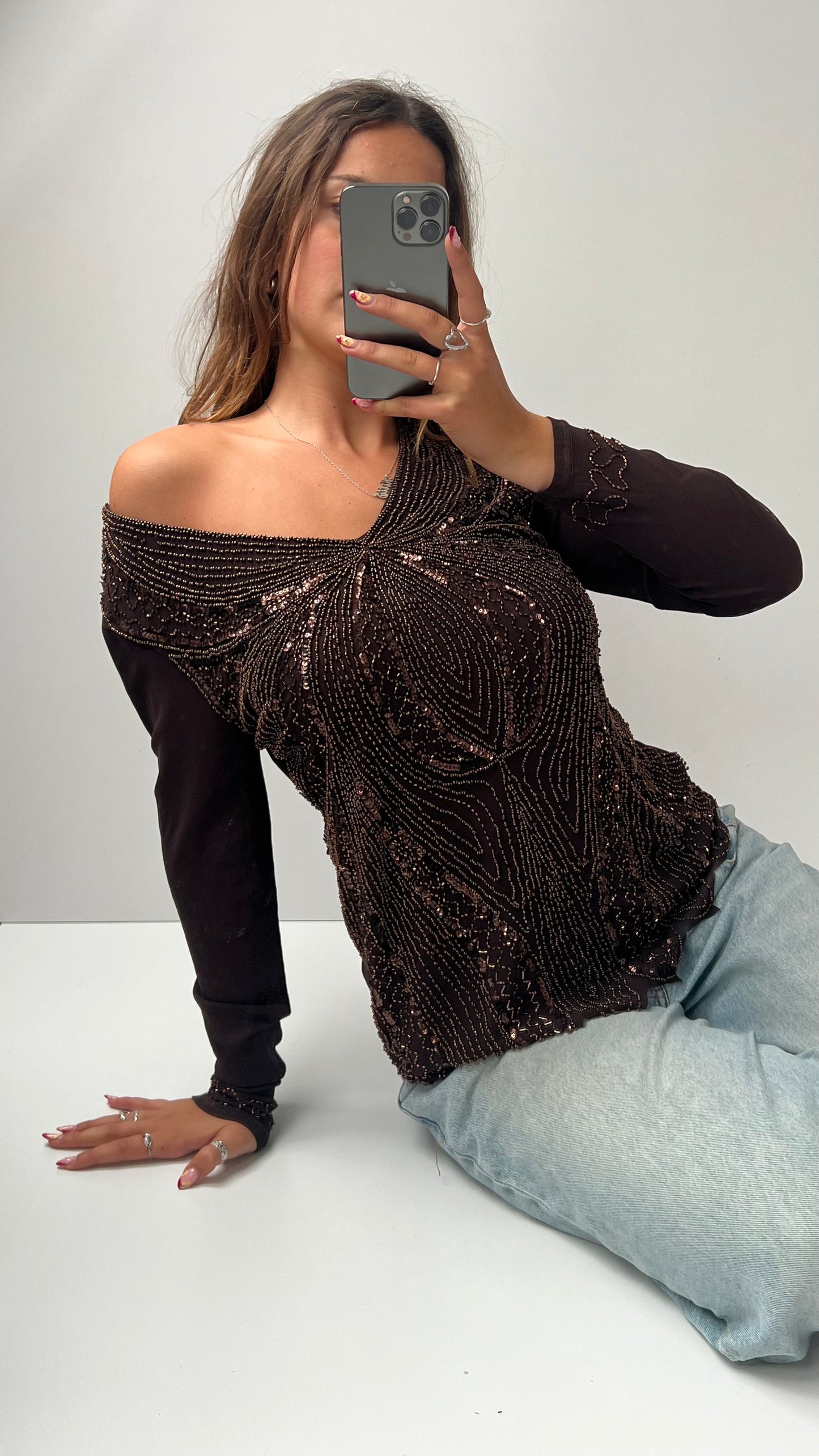 00s brown beaded long sleeve top- size XXL