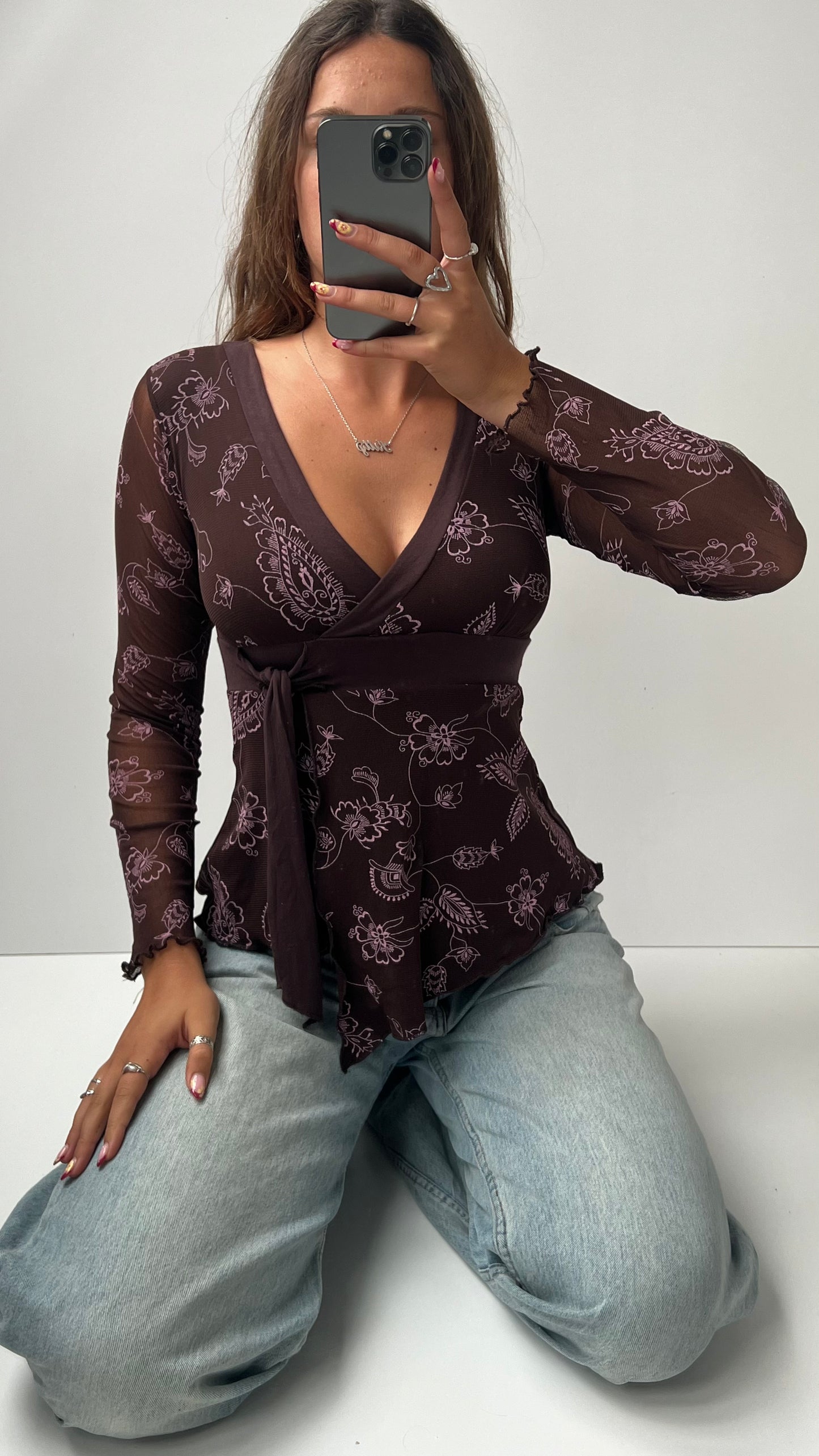 00s brown pink mesh long sleeve top- size S
