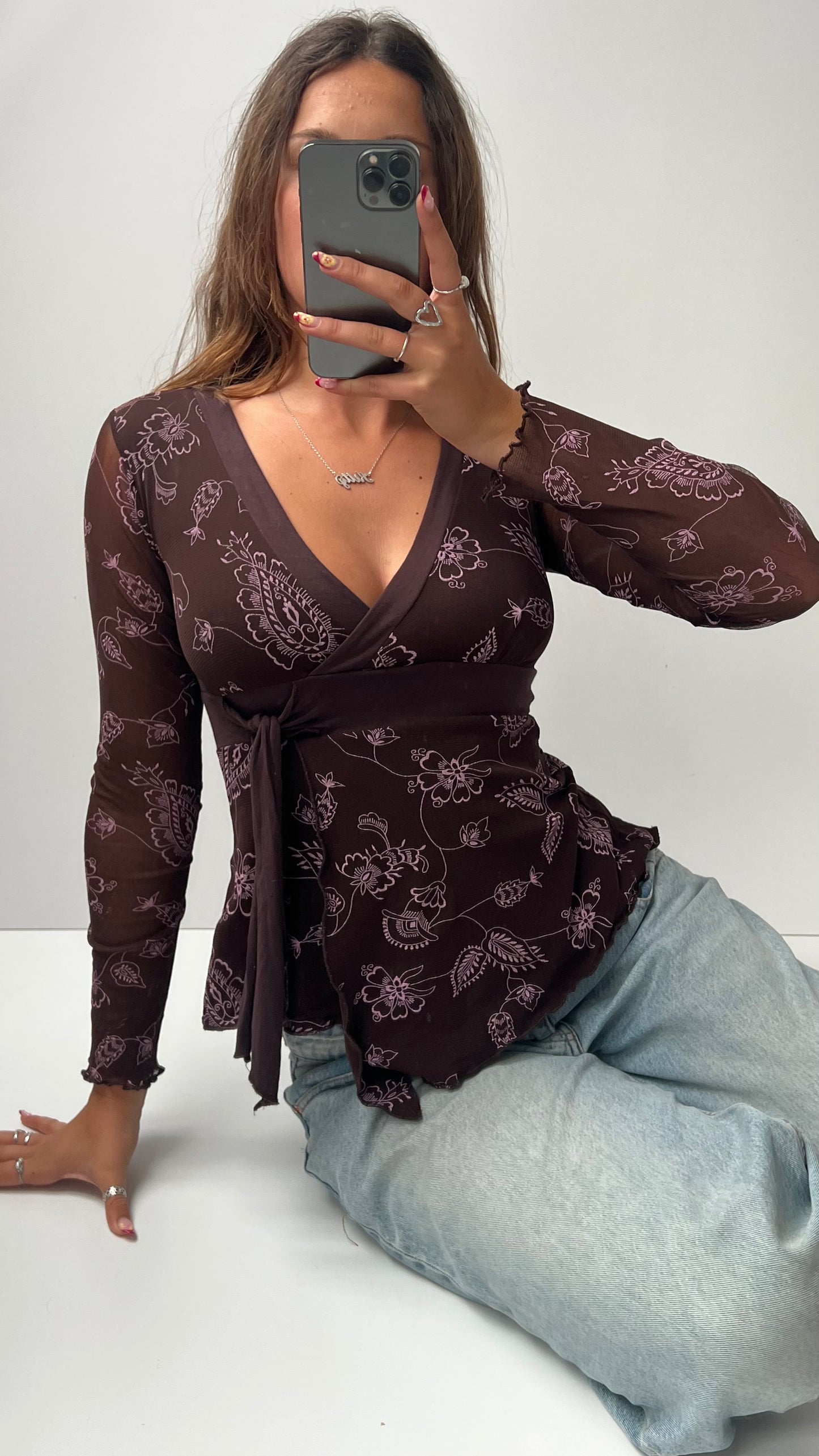00s brown pink mesh long sleeve top- size S