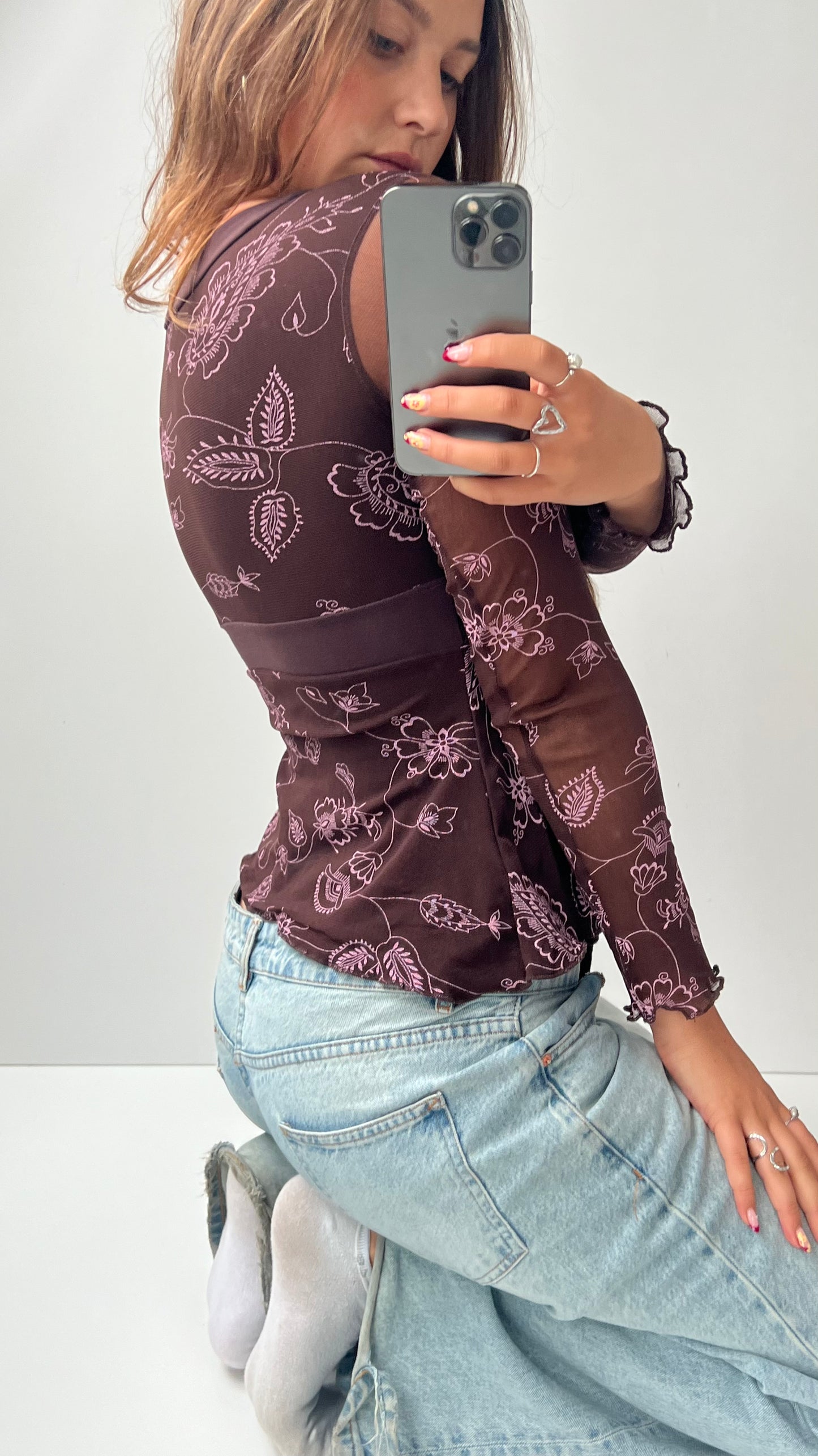 00s brown pink mesh long sleeve top- size S