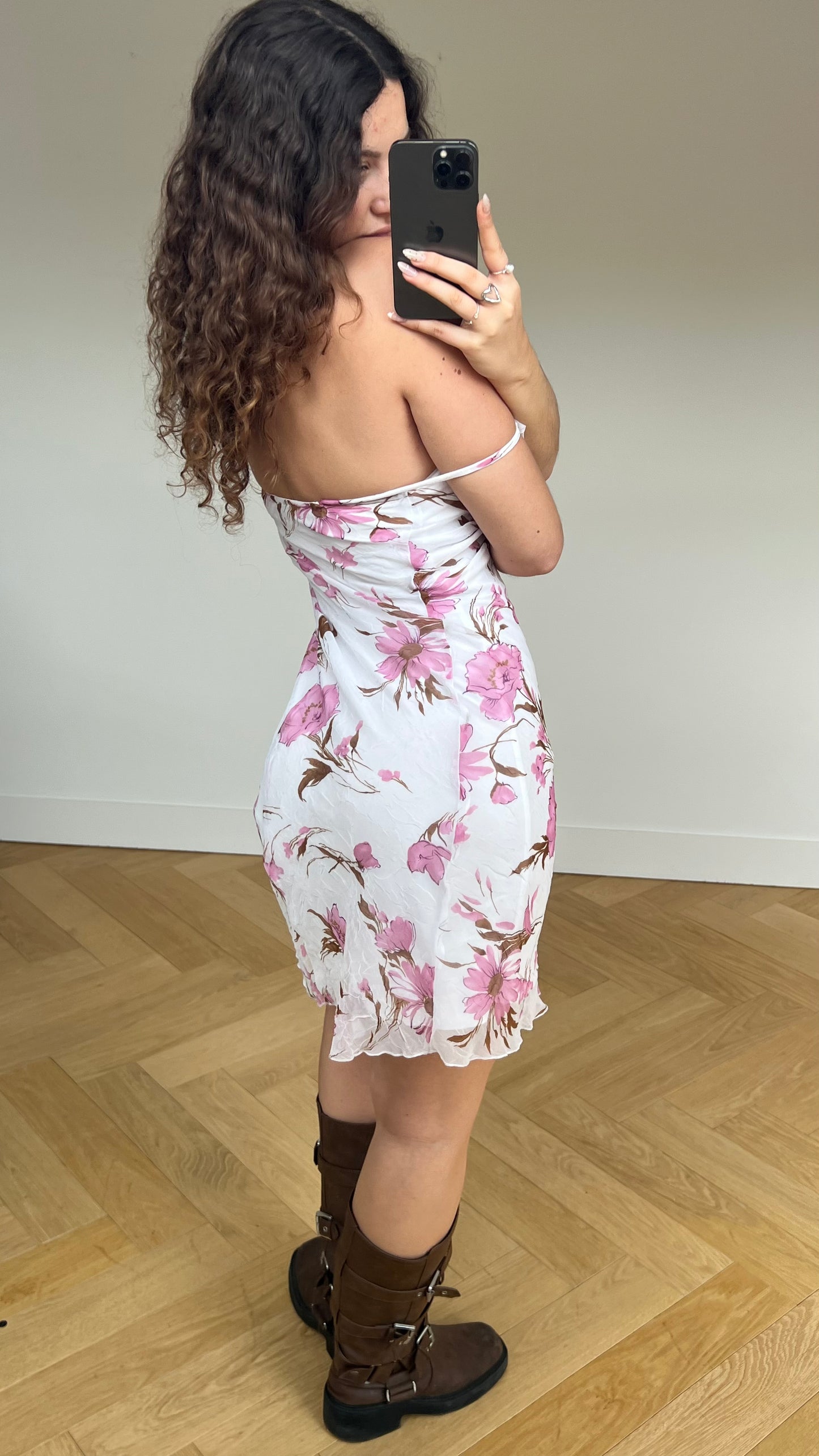 00s white pink floral midi dress- size XS