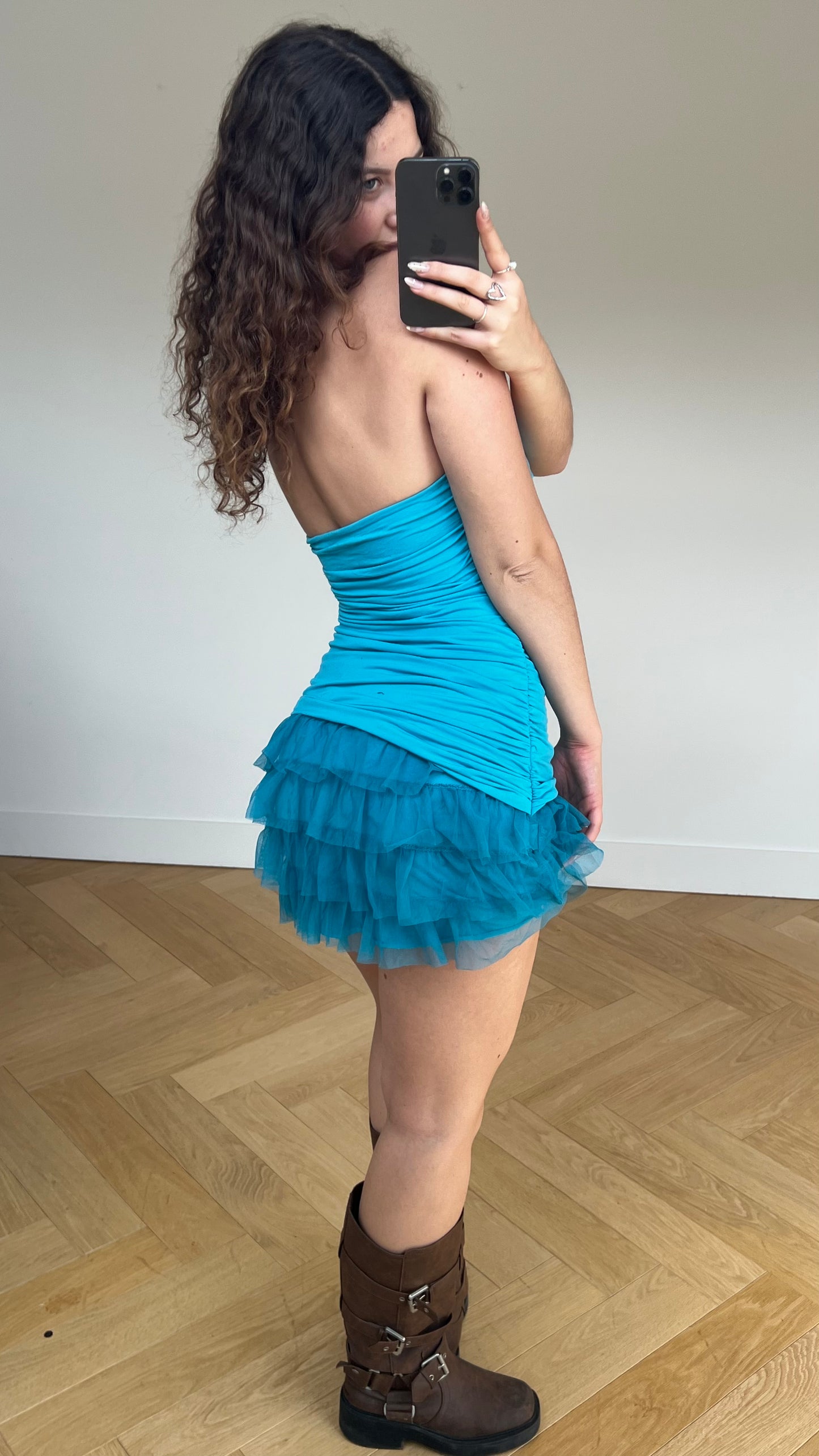 00s blue ruffle mini dress- size S