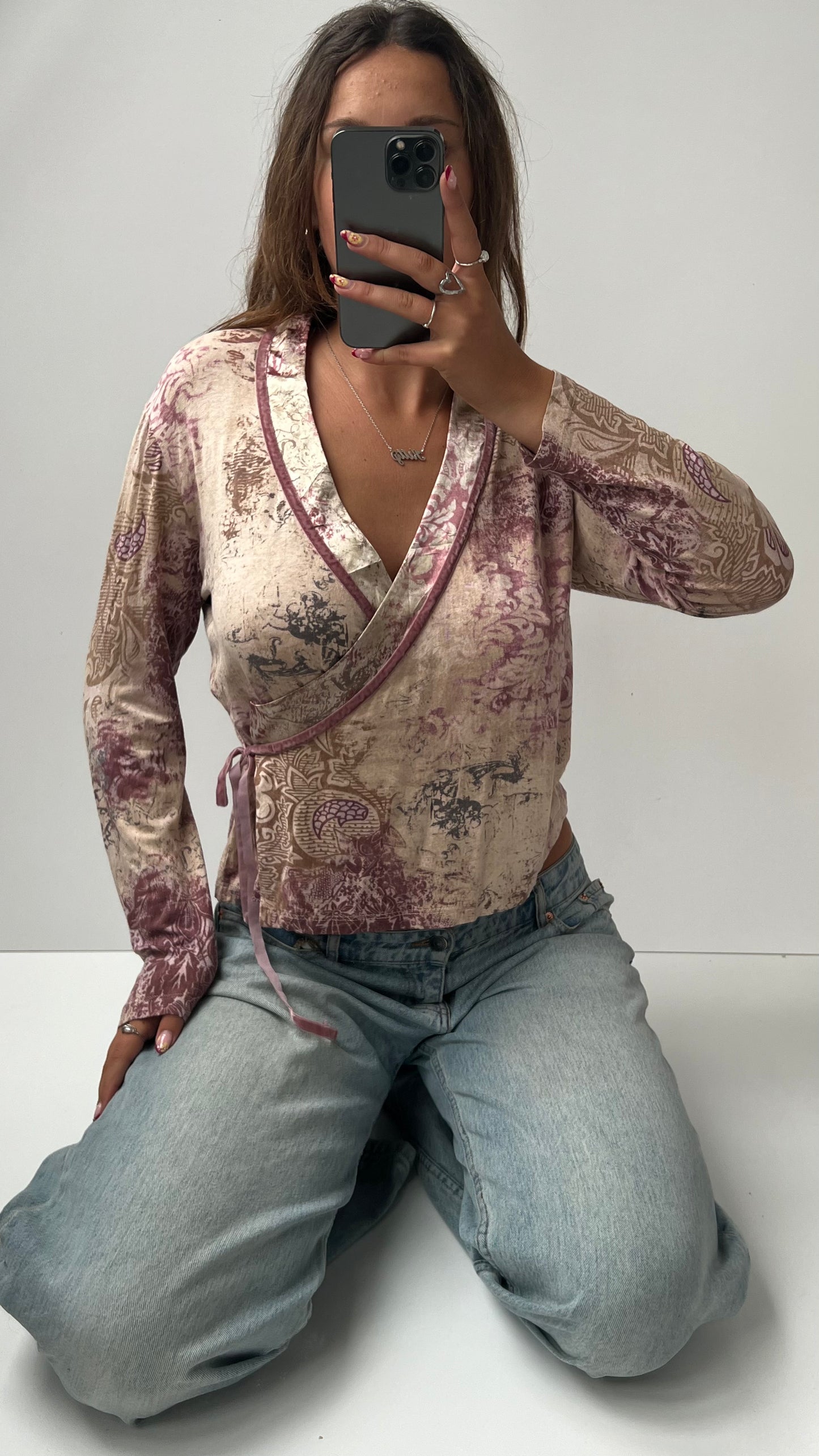 00s cream pink long sleeve top- size XL