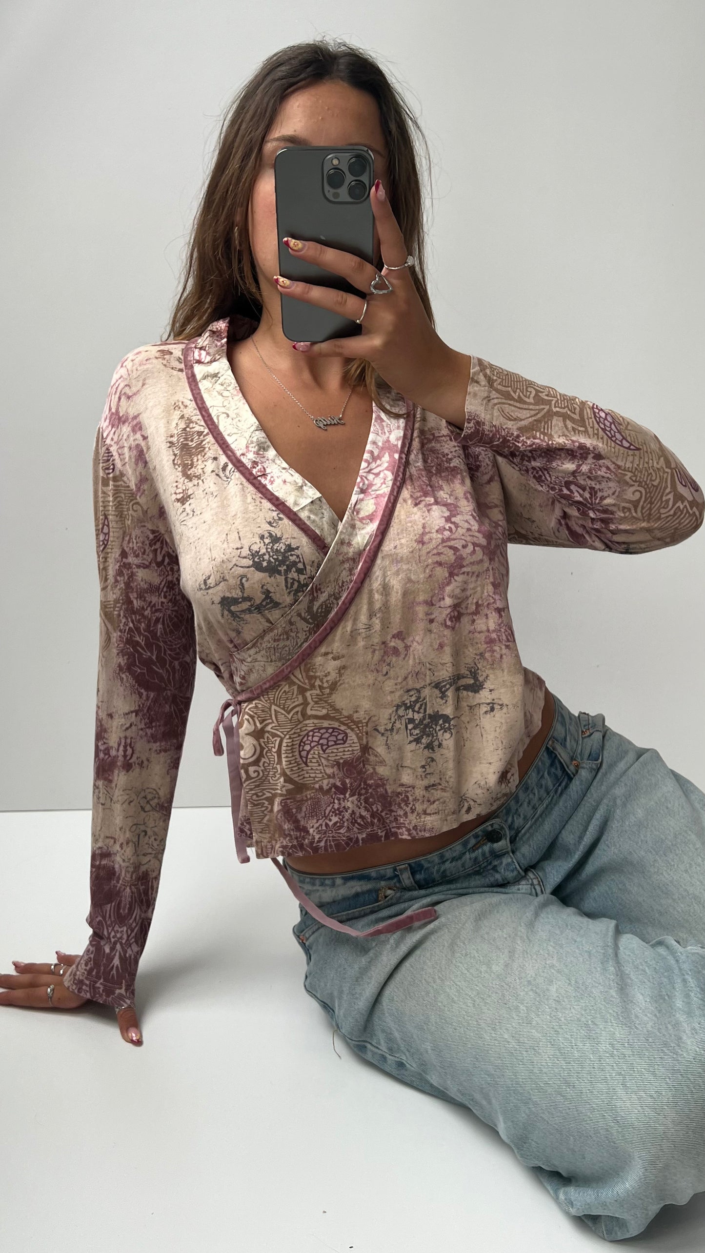 00s cream pink long sleeve top- size XL