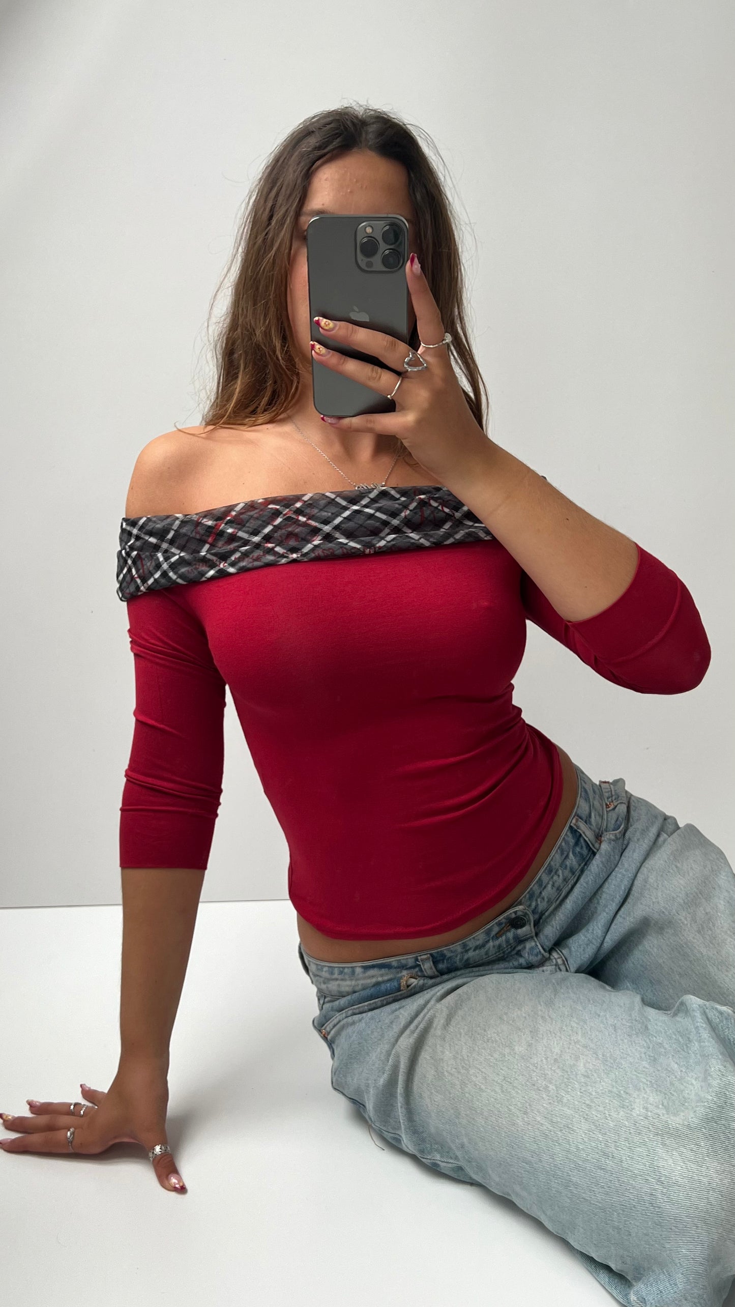 00s red plaid long sleeve top- size S