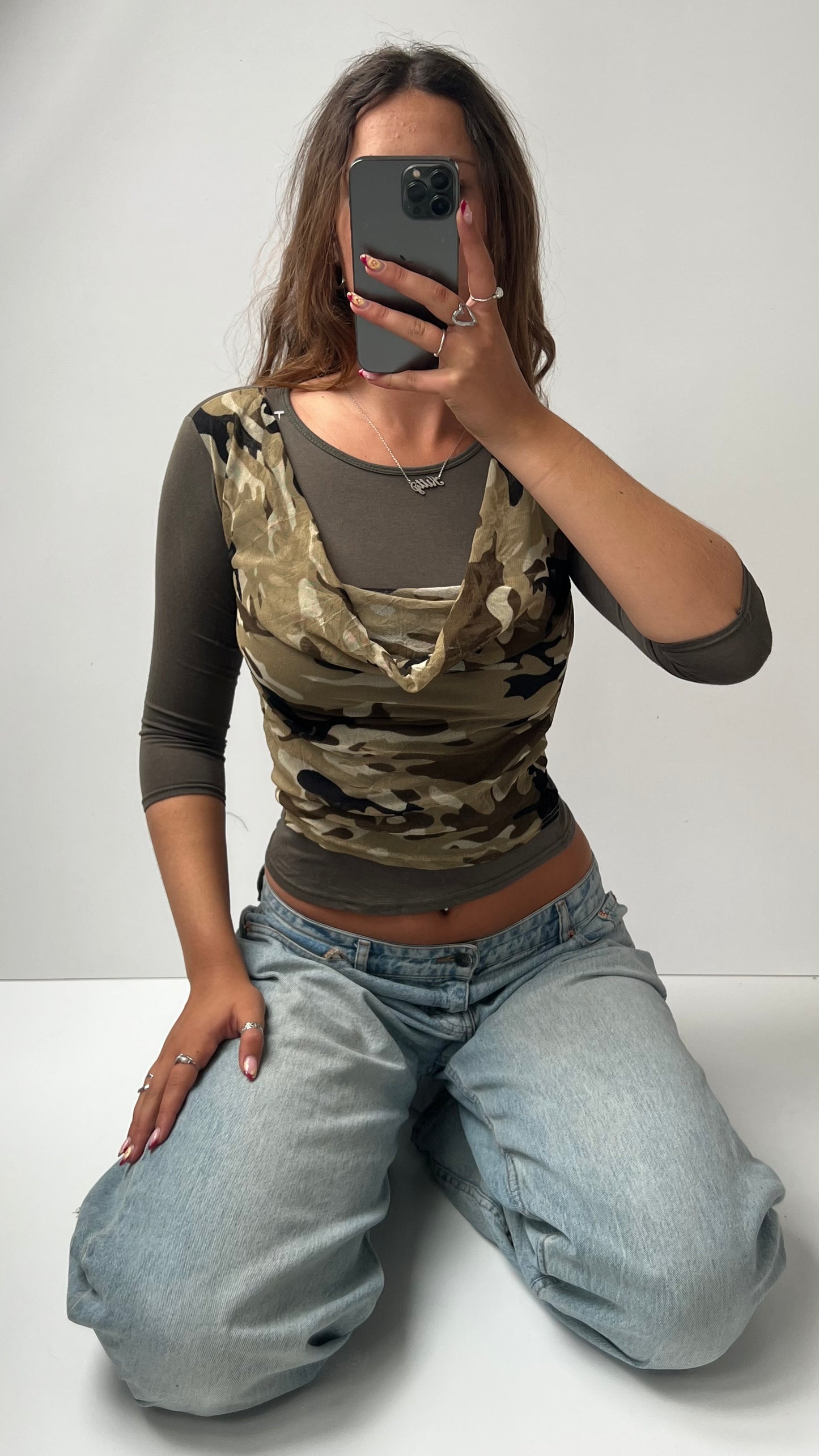 00s khaki camo long sleeve top- size XS