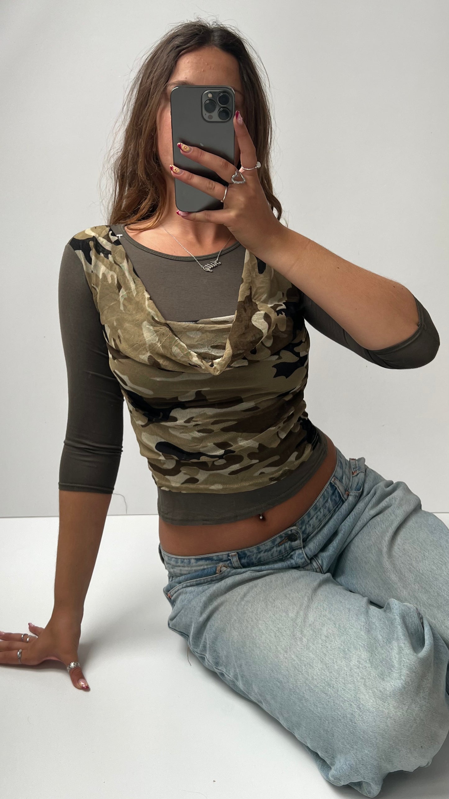 00s khaki camo long sleeve top- size XS