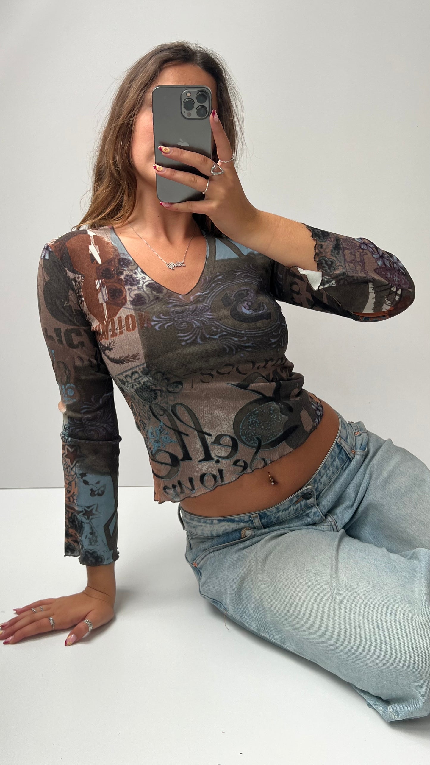 00s brown graphic mesh long sleeve top- size S