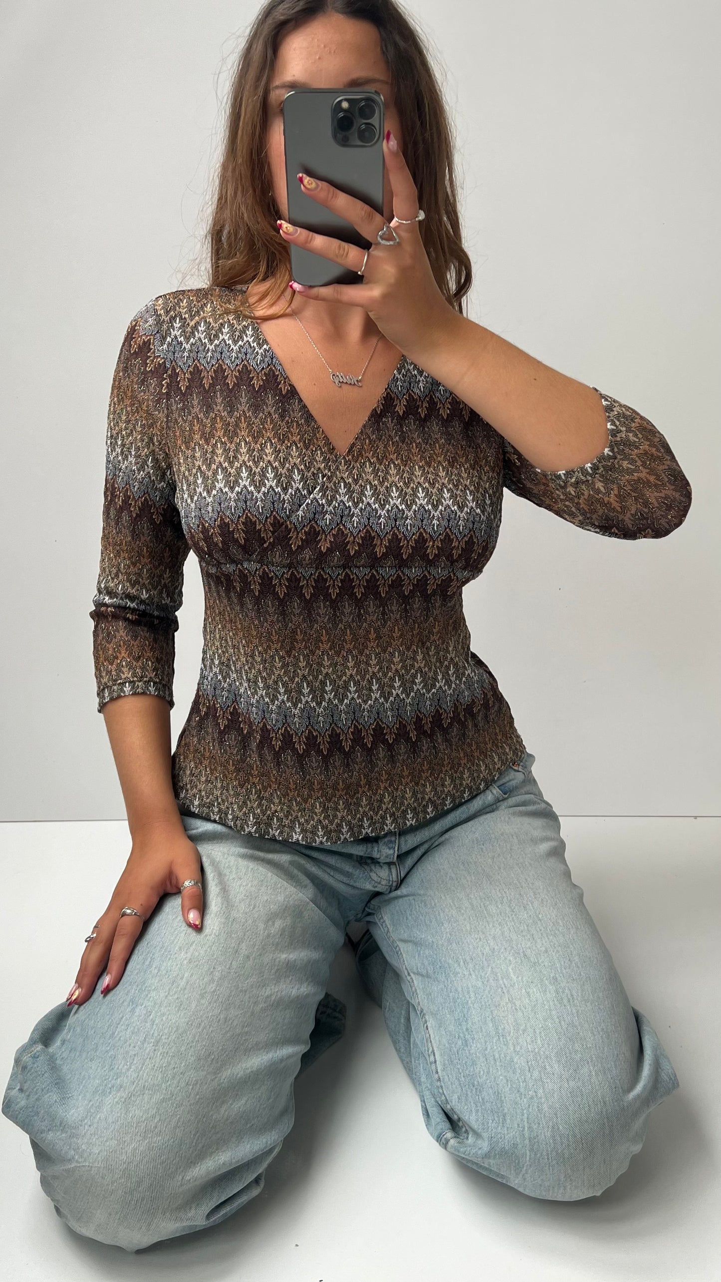 00s brown glitter long sleeve top- size M