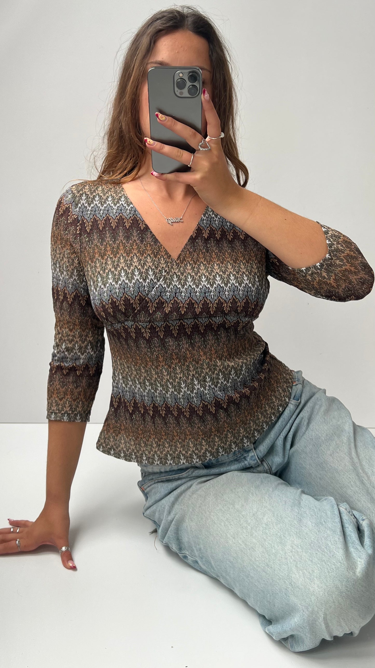 00s brown glitter long sleeve top- size M